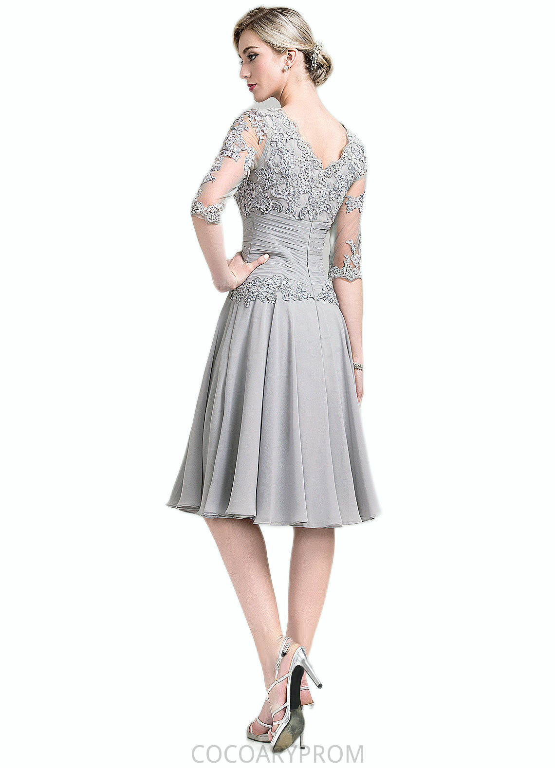 Mila A-Line Scoop Neck Knee-Length Chiffon Mother of the Bride Dress With Ruffle Appliques Lace DA8126P0014715