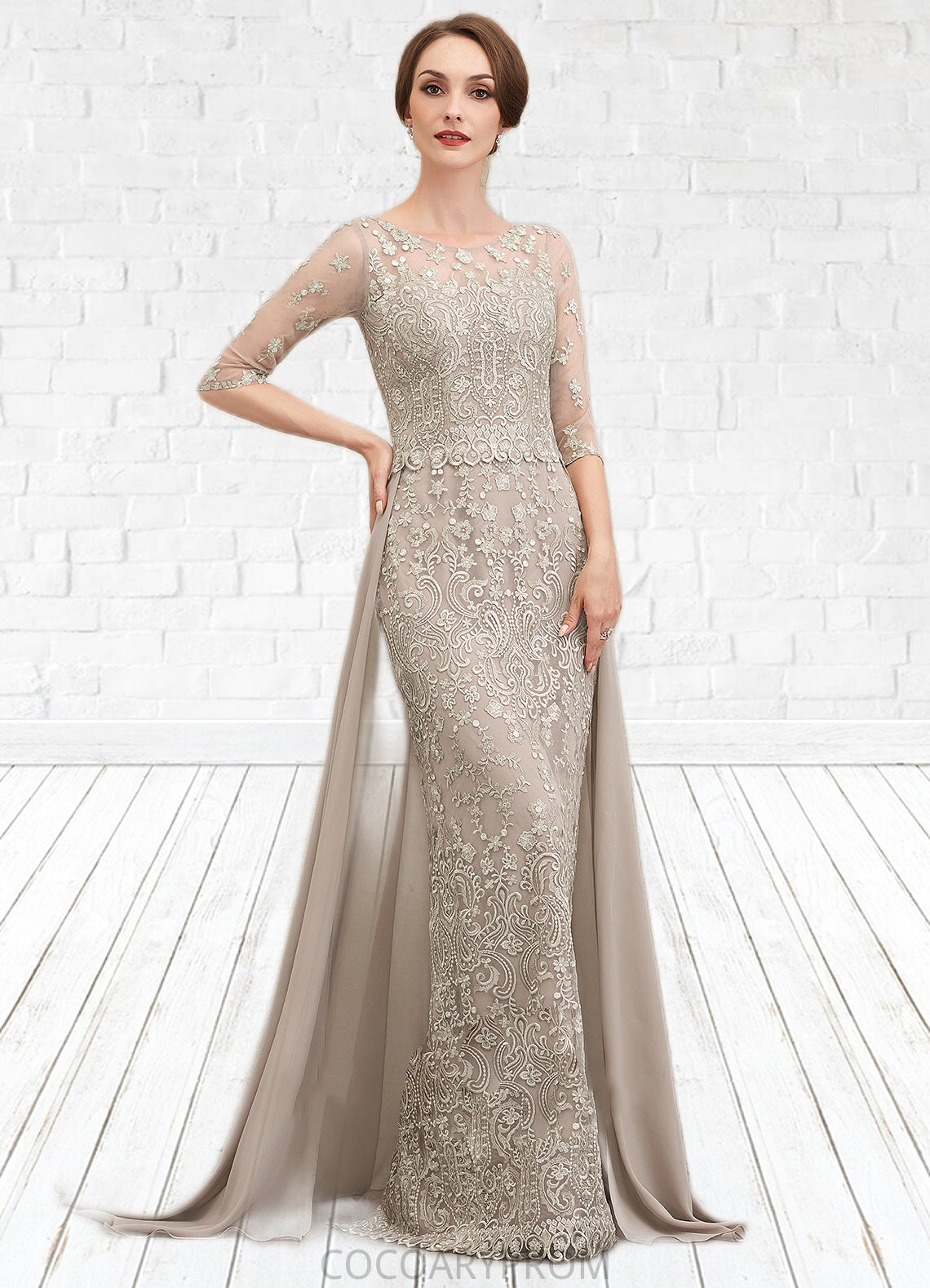 Abigail Sheath/Column Scoop Neck Sweep Train Chiffon Lace Mother of the Bride Dress DA8126P0014716