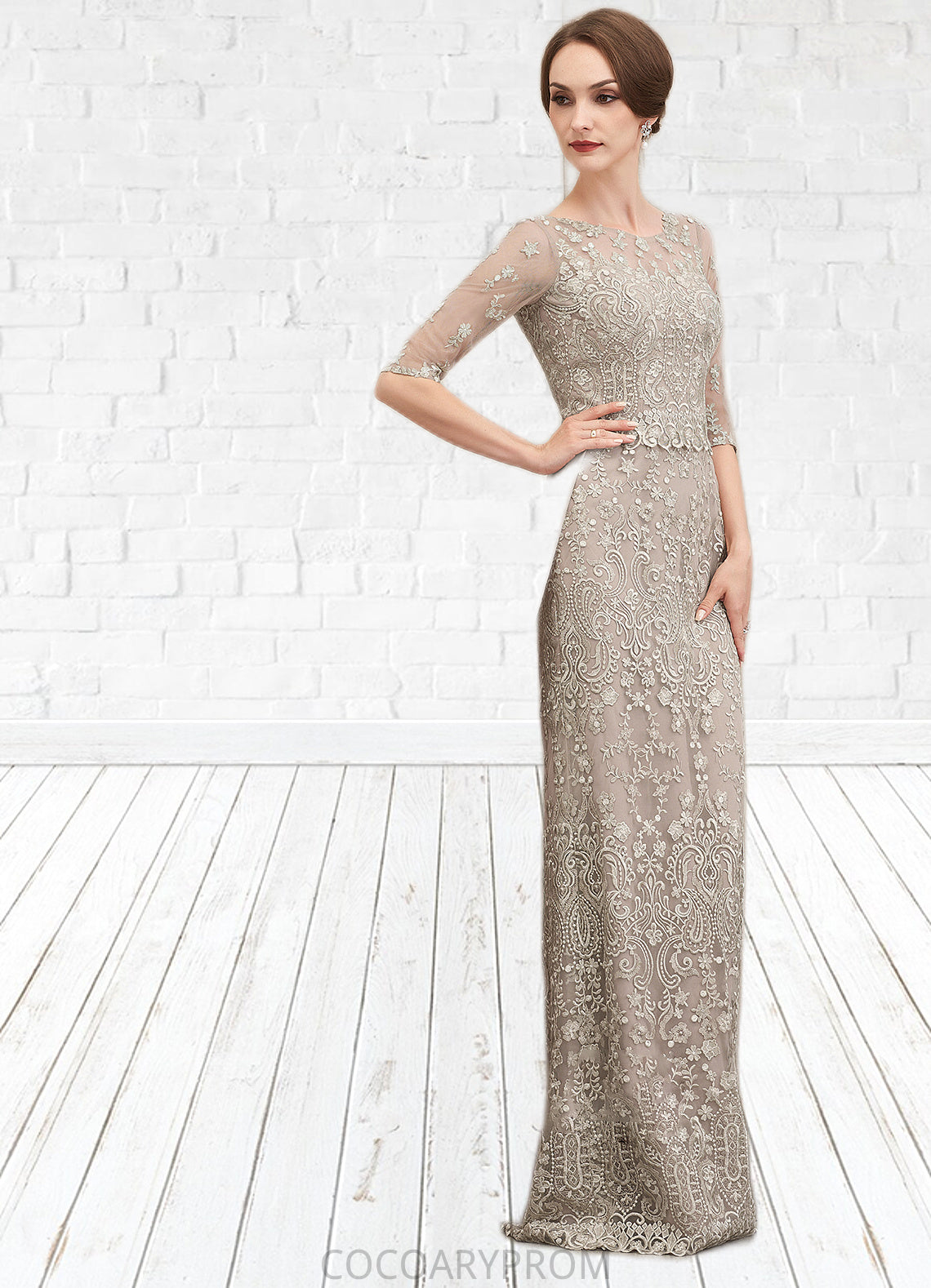 Abigail Sheath/Column Scoop Neck Sweep Train Chiffon Lace Mother of the Bride Dress DA8126P0014716