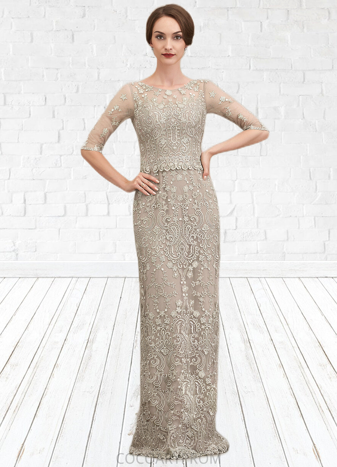 Abigail Sheath/Column Scoop Neck Sweep Train Chiffon Lace Mother of the Bride Dress DA8126P0014716