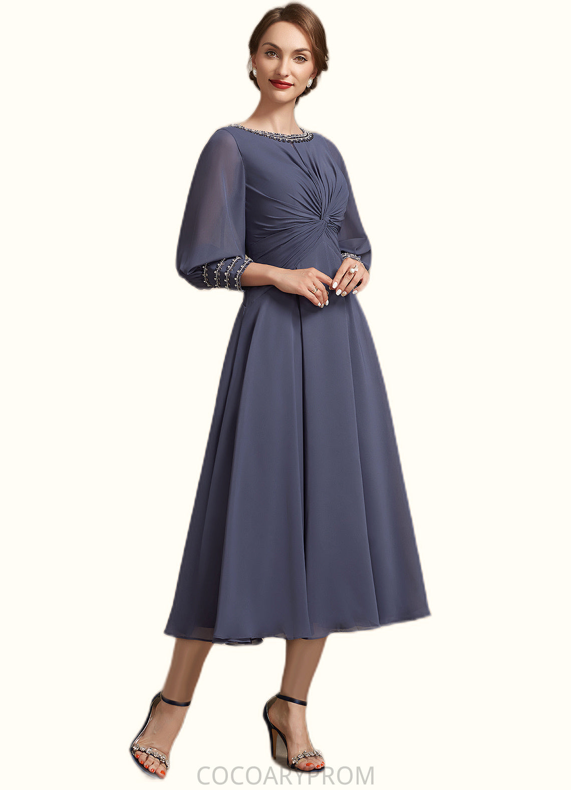 Persis A-Line Scoop Neck Tea-Length Chiffon Mother of the Bride Dress With Ruffle Beading DA8126P0014718