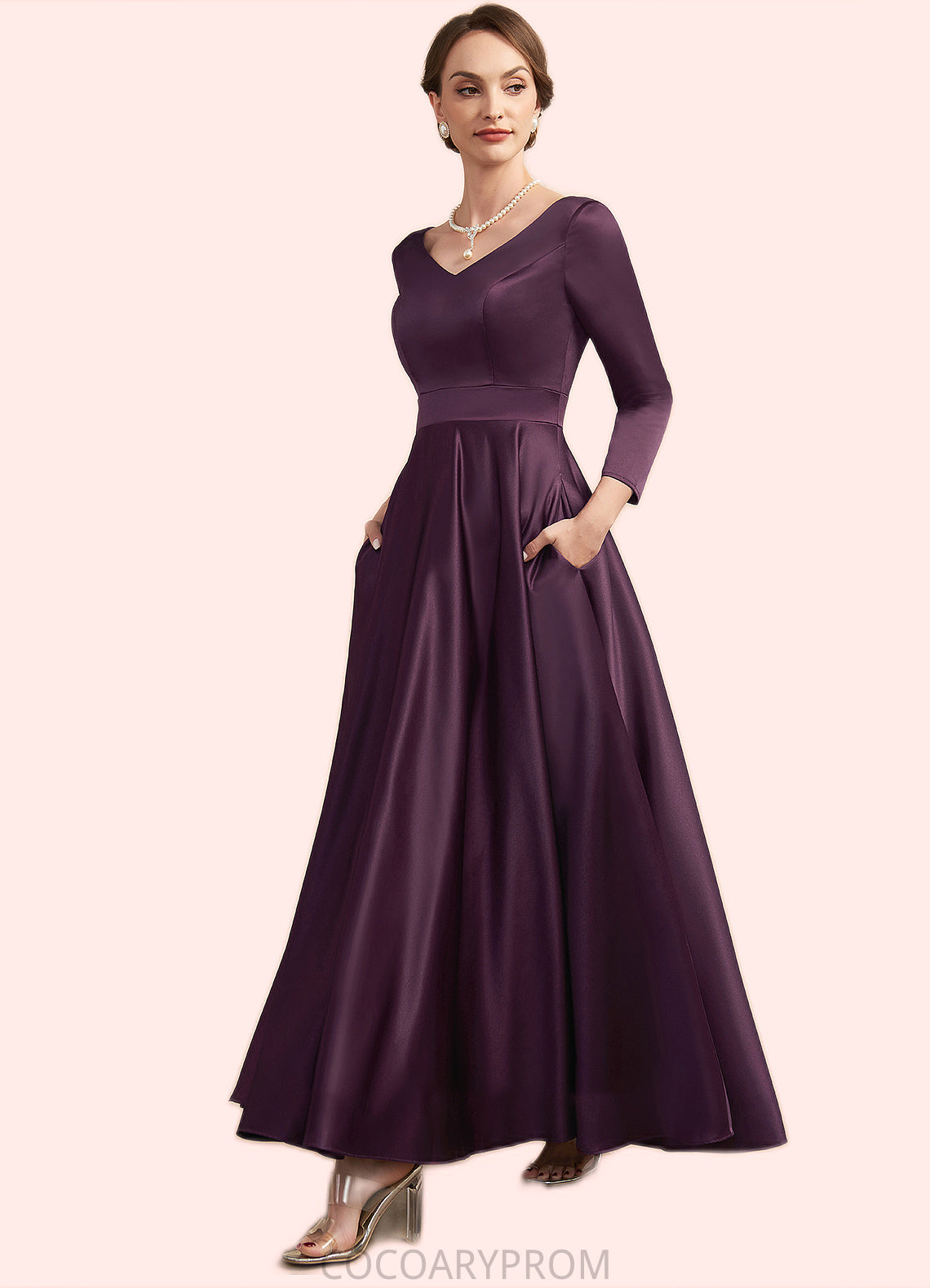 Amelia A-Line V-neck Ankle-Length Satin Mother of the Bride Dress With Pockets DA8126P0014720