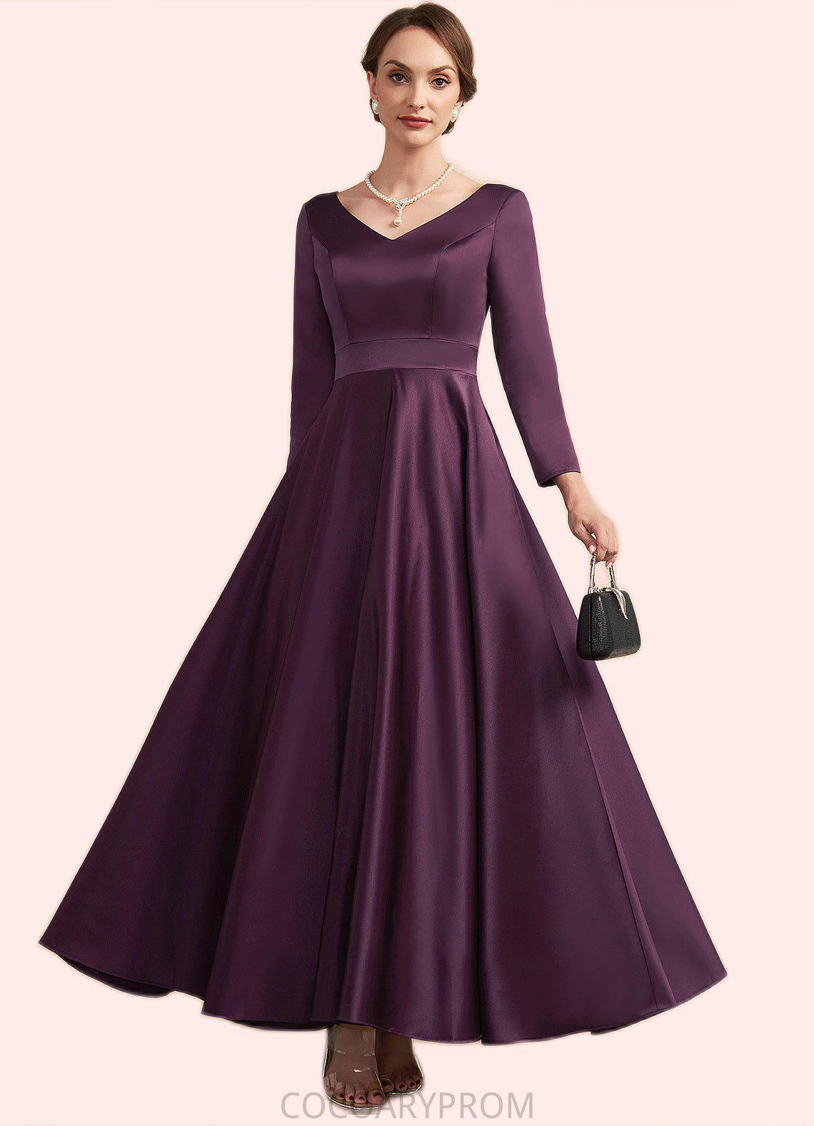 Amelia A-Line V-neck Ankle-Length Satin Mother of the Bride Dress With Pockets DA8126P0014720