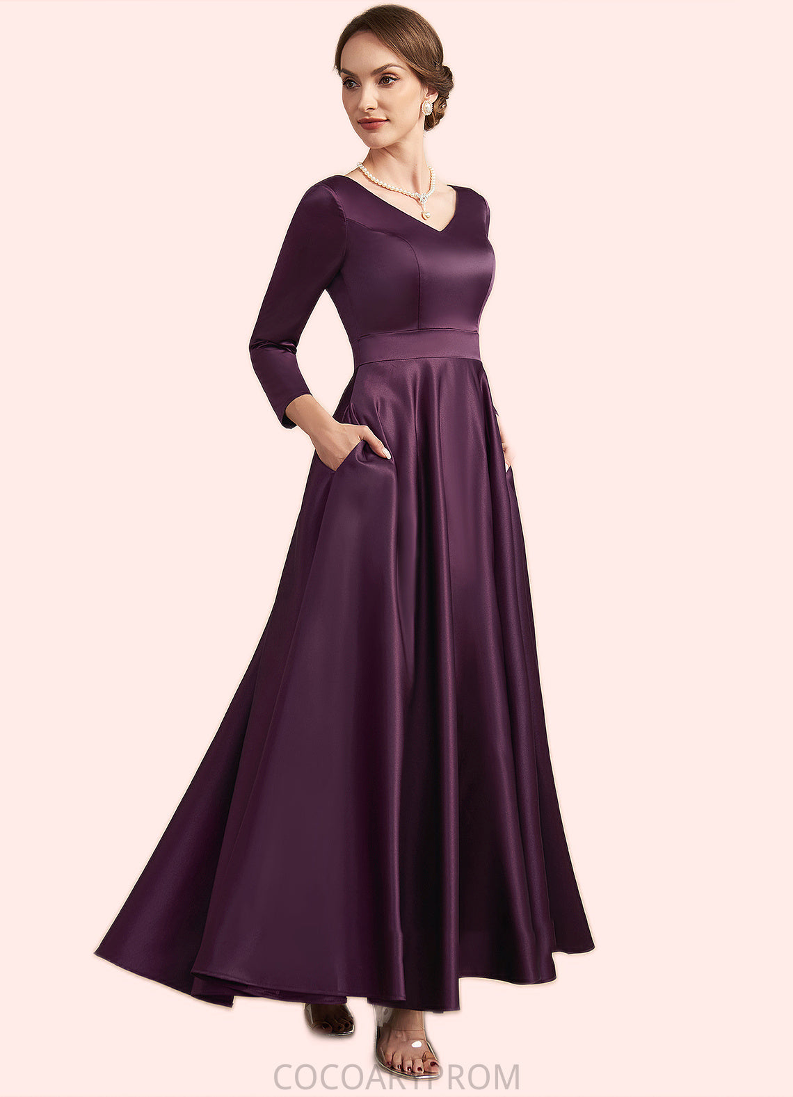 Amelia A-Line V-neck Ankle-Length Satin Mother of the Bride Dress With Pockets DA8126P0014720