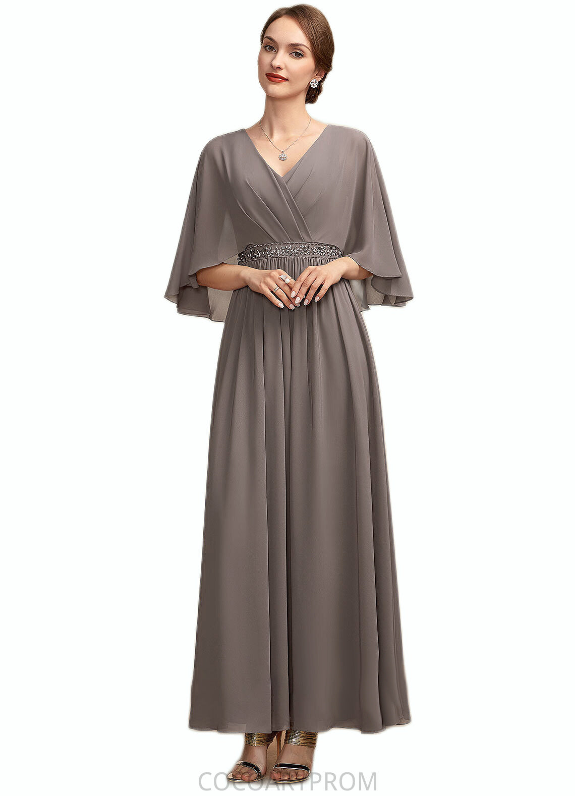 Sandra A-Line V-neck Ankle-Length Chiffon Mother of the Bride Dress With Ruffle Beading DA8126P0014723