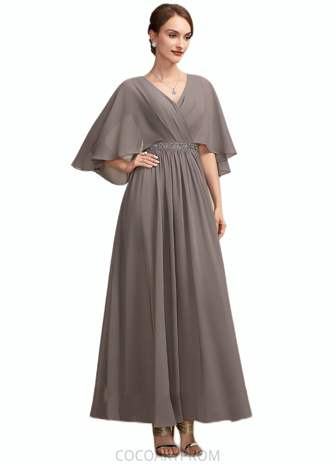 Sandra A-Line V-neck Ankle-Length Chiffon Mother of the Bride Dress With Ruffle Beading DA8126P0014723