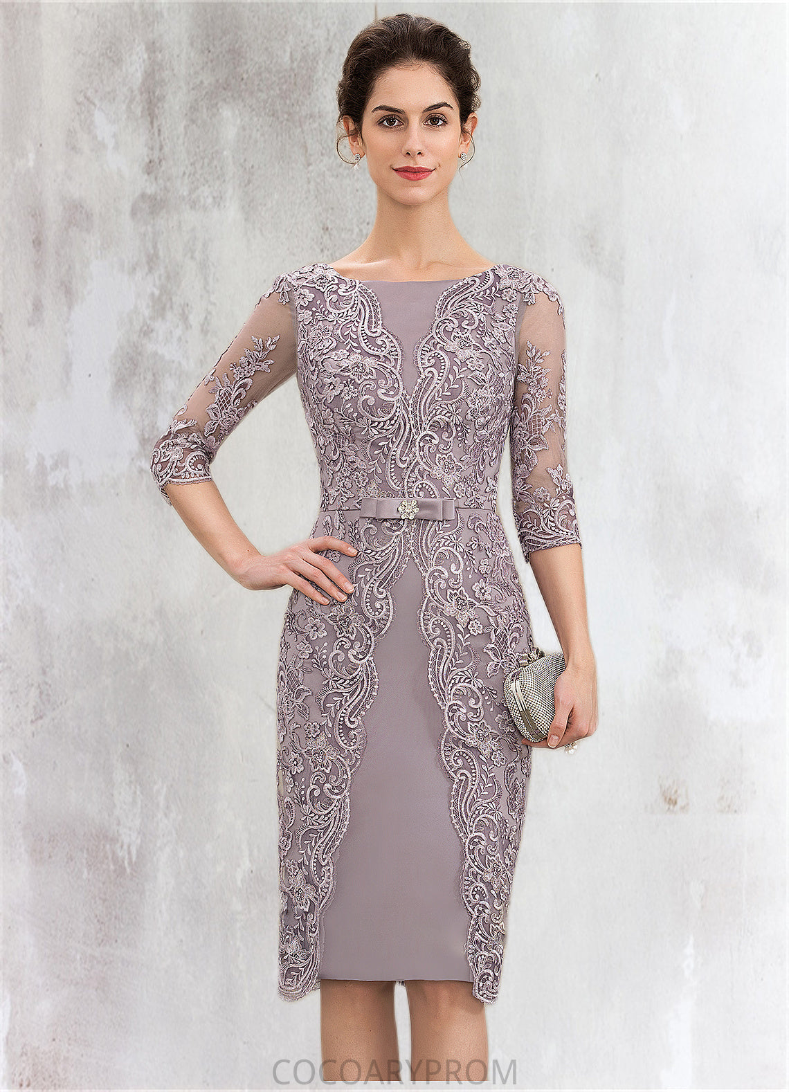 Kathy Sheath/Column Scoop Neck Knee-Length Satin Lace Mother of the Bride Dress With Beading Bow(s) DA8126P0014727