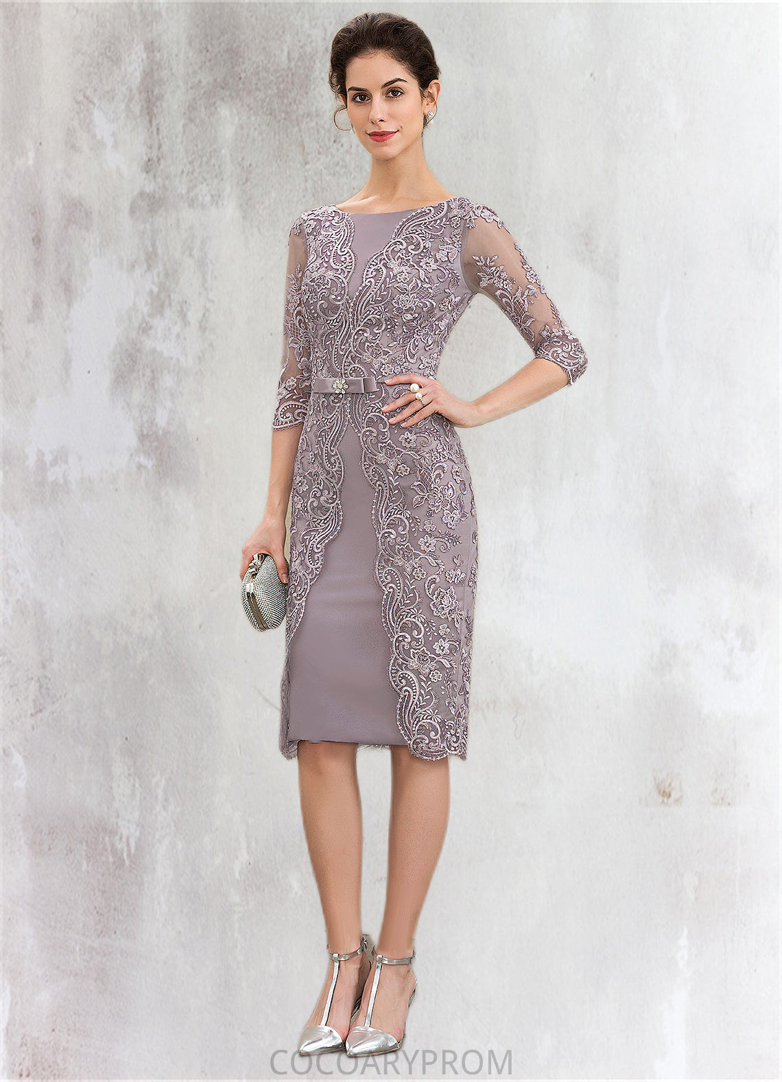 Kathy Sheath/Column Scoop Neck Knee-Length Satin Lace Mother of the Bride Dress With Beading Bow(s) DA8126P0014727