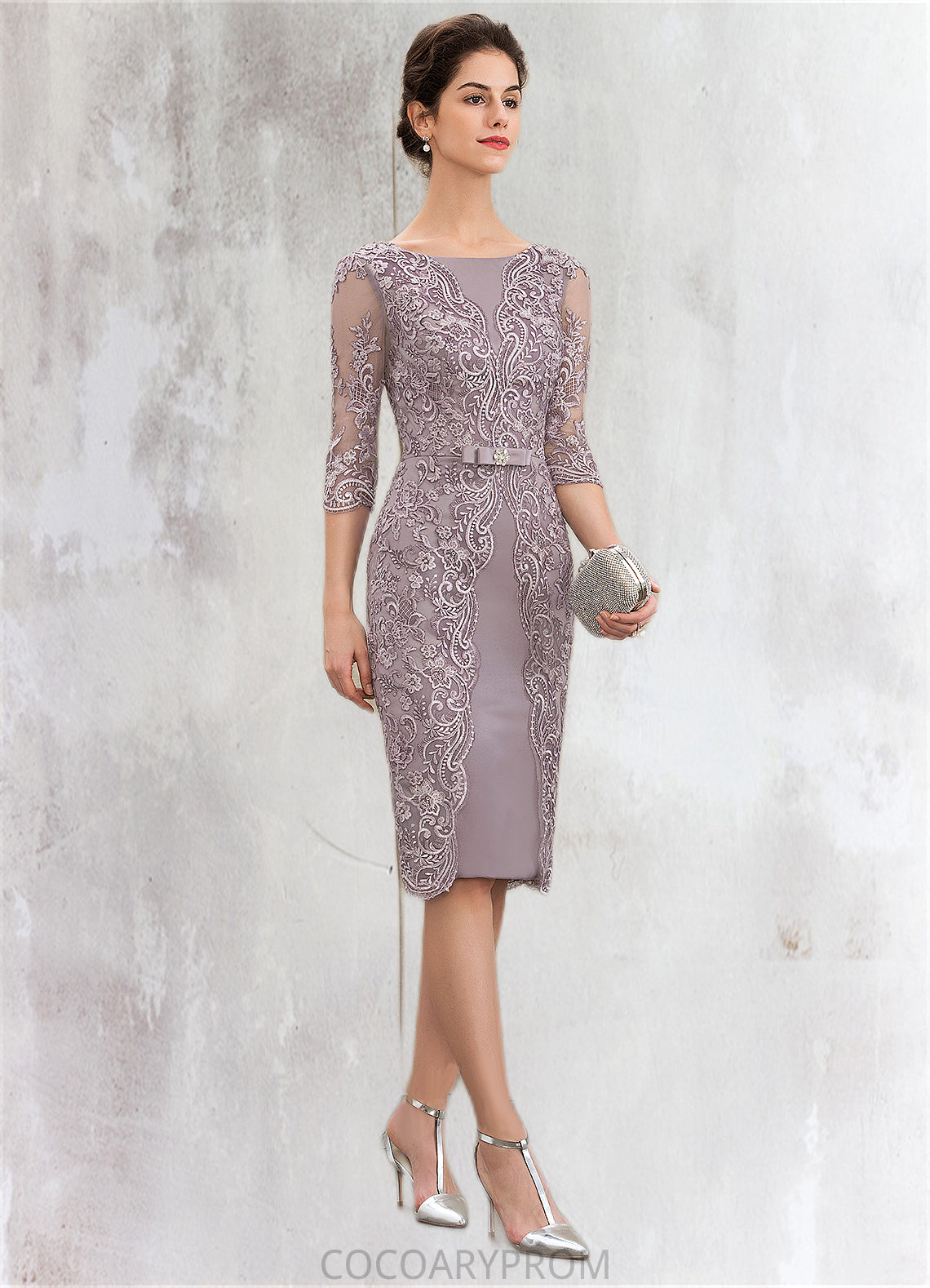 Kathy Sheath/Column Scoop Neck Knee-Length Satin Lace Mother of the Bride Dress With Beading Bow(s) DA8126P0014727