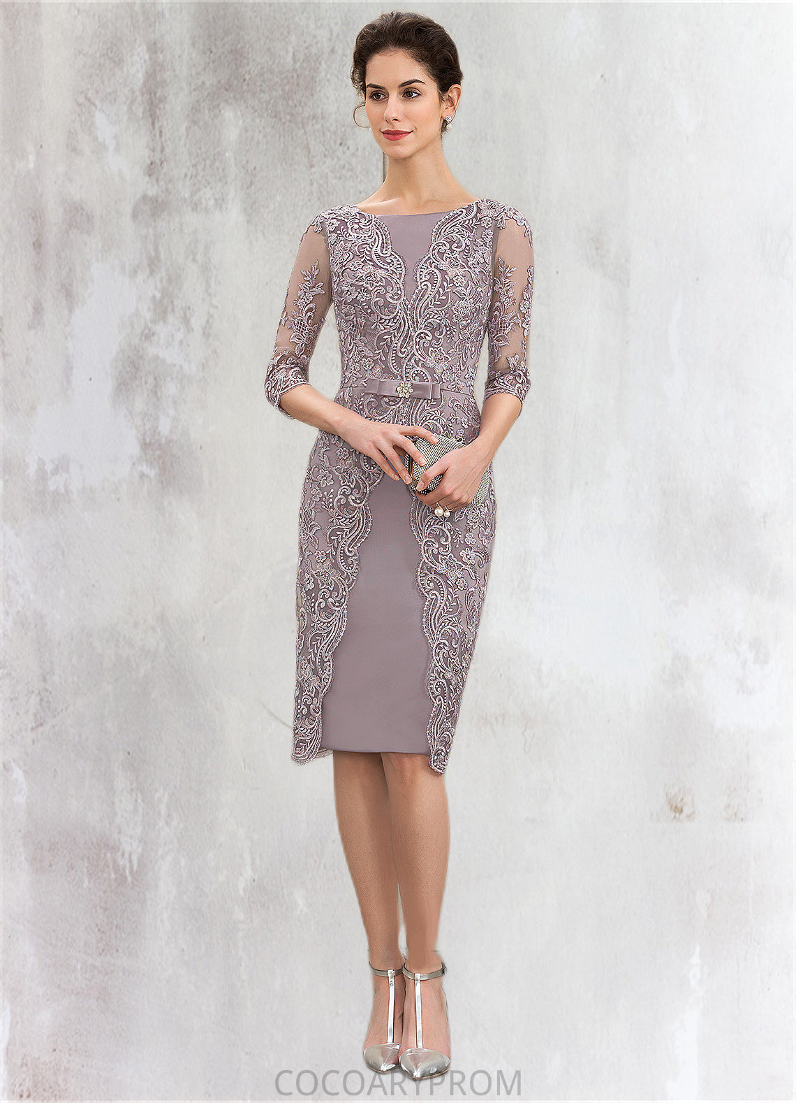 Kathy Sheath/Column Scoop Neck Knee-Length Satin Lace Mother of the Bride Dress With Beading Bow(s) DA8126P0014727