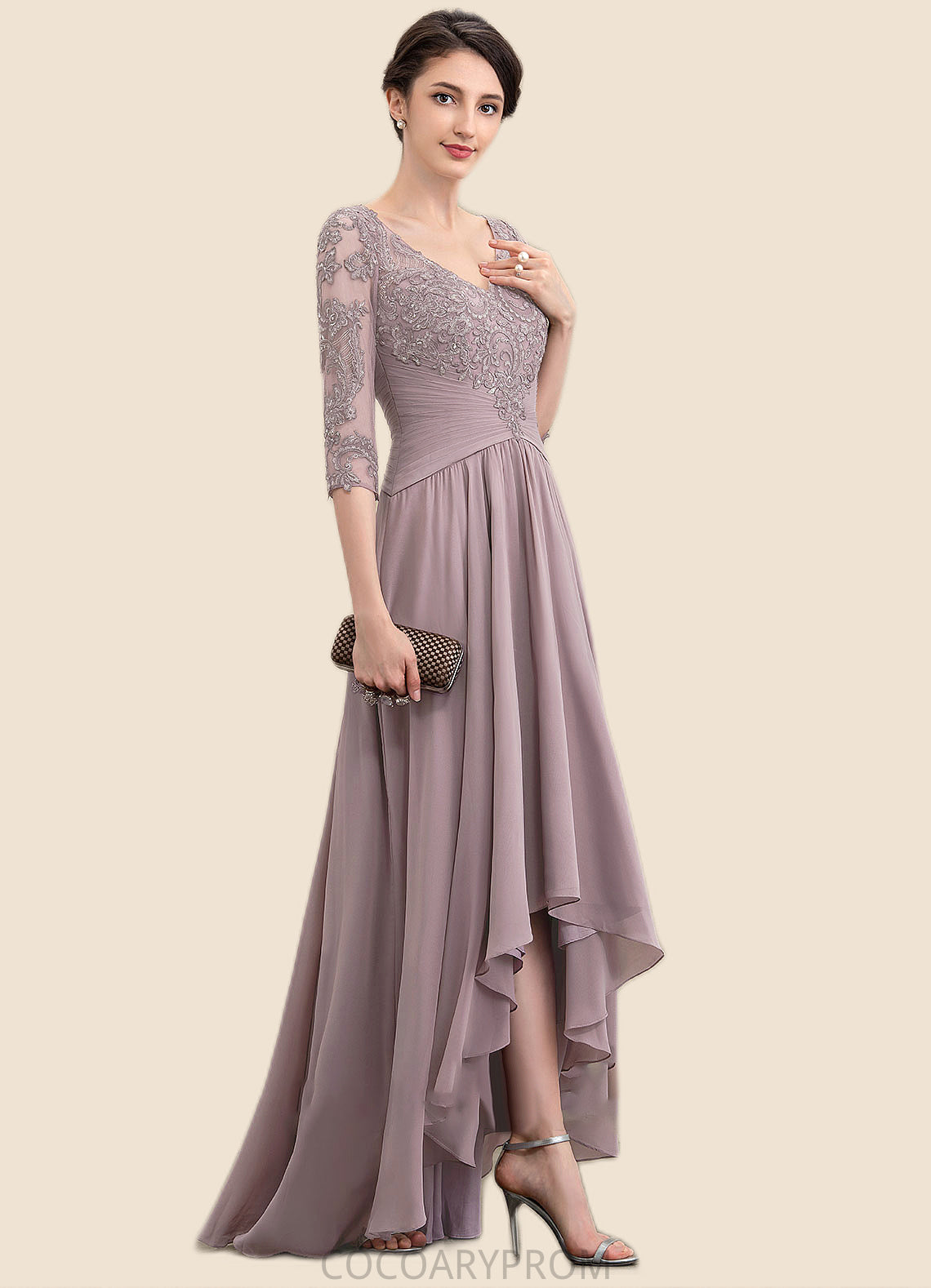 Milagros A-Line V-neck Asymmetrical Chiffon Lace Mother of the Bride Dress With Sequins DA8126P0014728