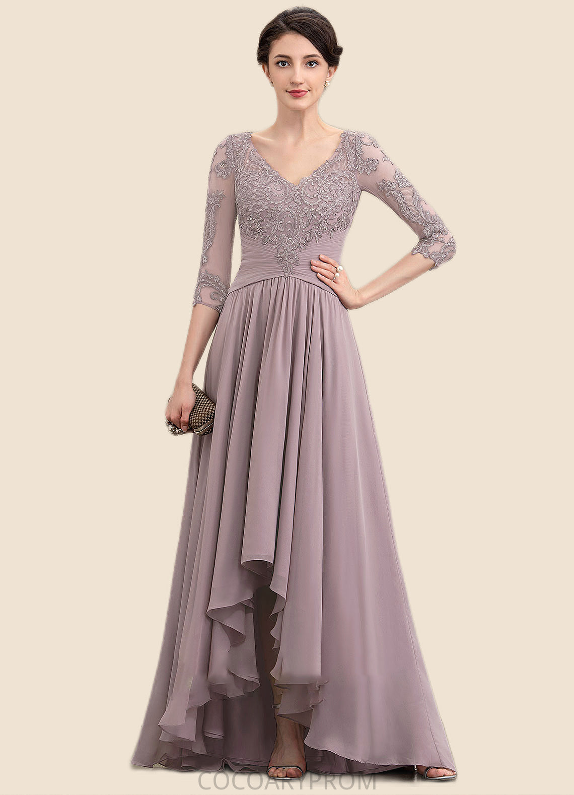 Milagros A-Line V-neck Asymmetrical Chiffon Lace Mother of the Bride Dress With Sequins DA8126P0014728