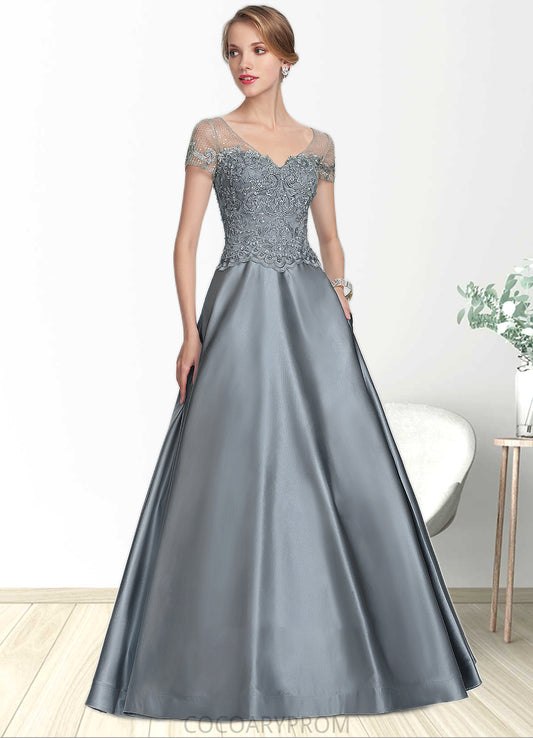 Vivian A-Line V-neck Floor-Length Satin Lace Mother of the Bride Dress With Beading Sequins DA8126P0014730