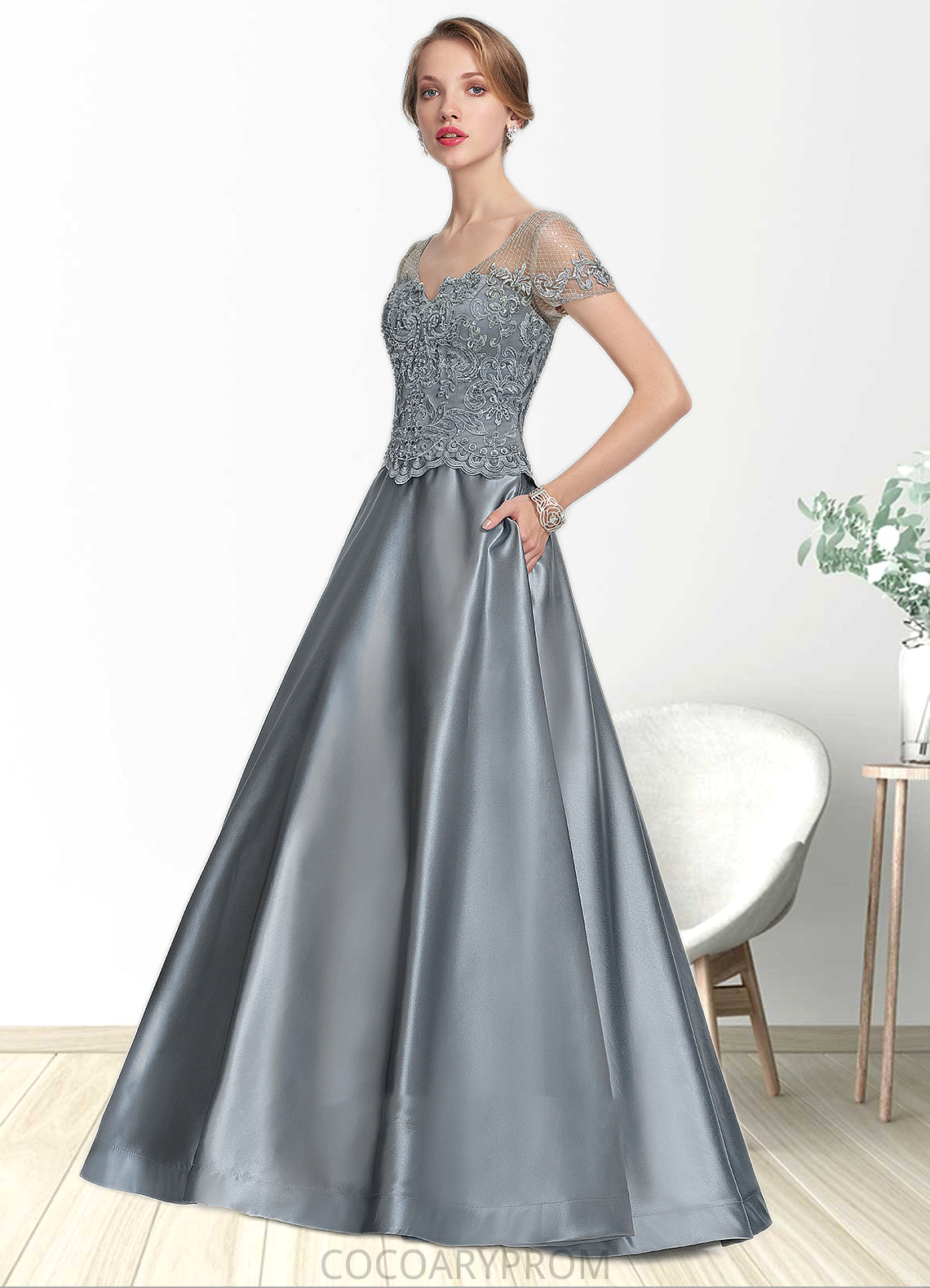 Vivian A-Line V-neck Floor-Length Satin Lace Mother of the Bride Dress With Beading Sequins DA8126P0014730