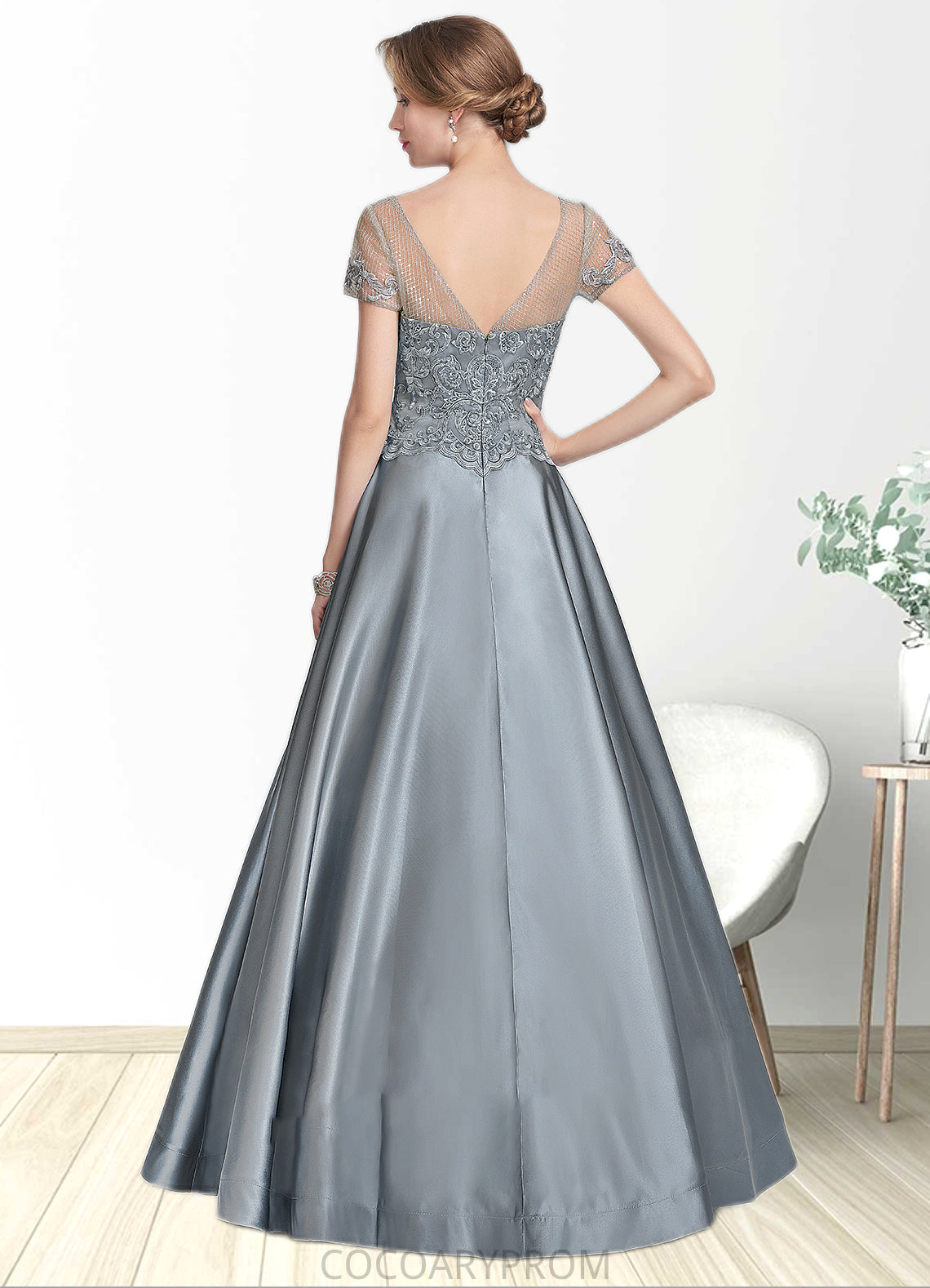 Vivian A-Line V-neck Floor-Length Satin Lace Mother of the Bride Dress With Beading Sequins DA8126P0014730