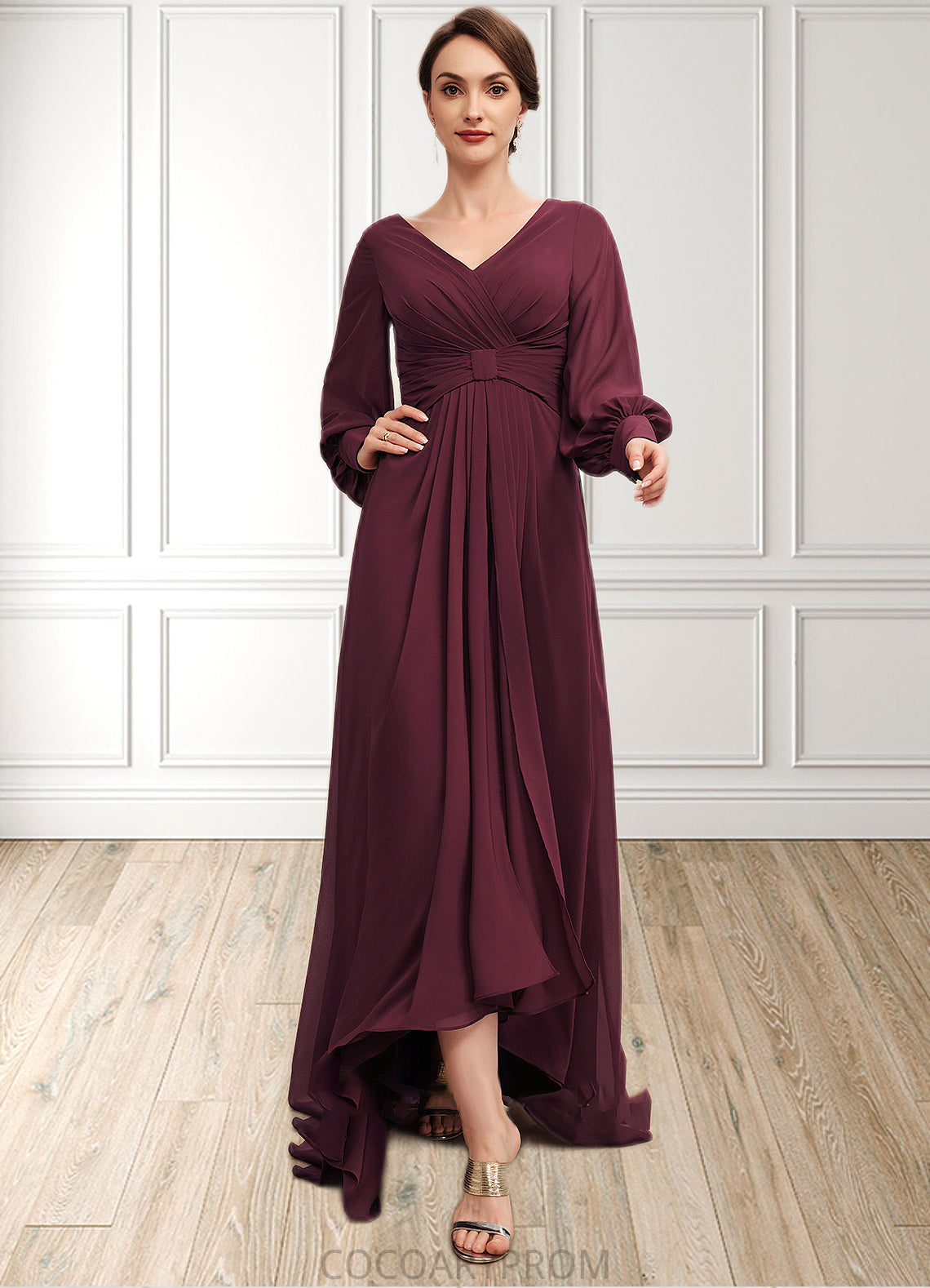 Luna A-Line V-neck Asymmetrical Chiffon Mother of the Bride Dress With Ruffle DA8126P0014732