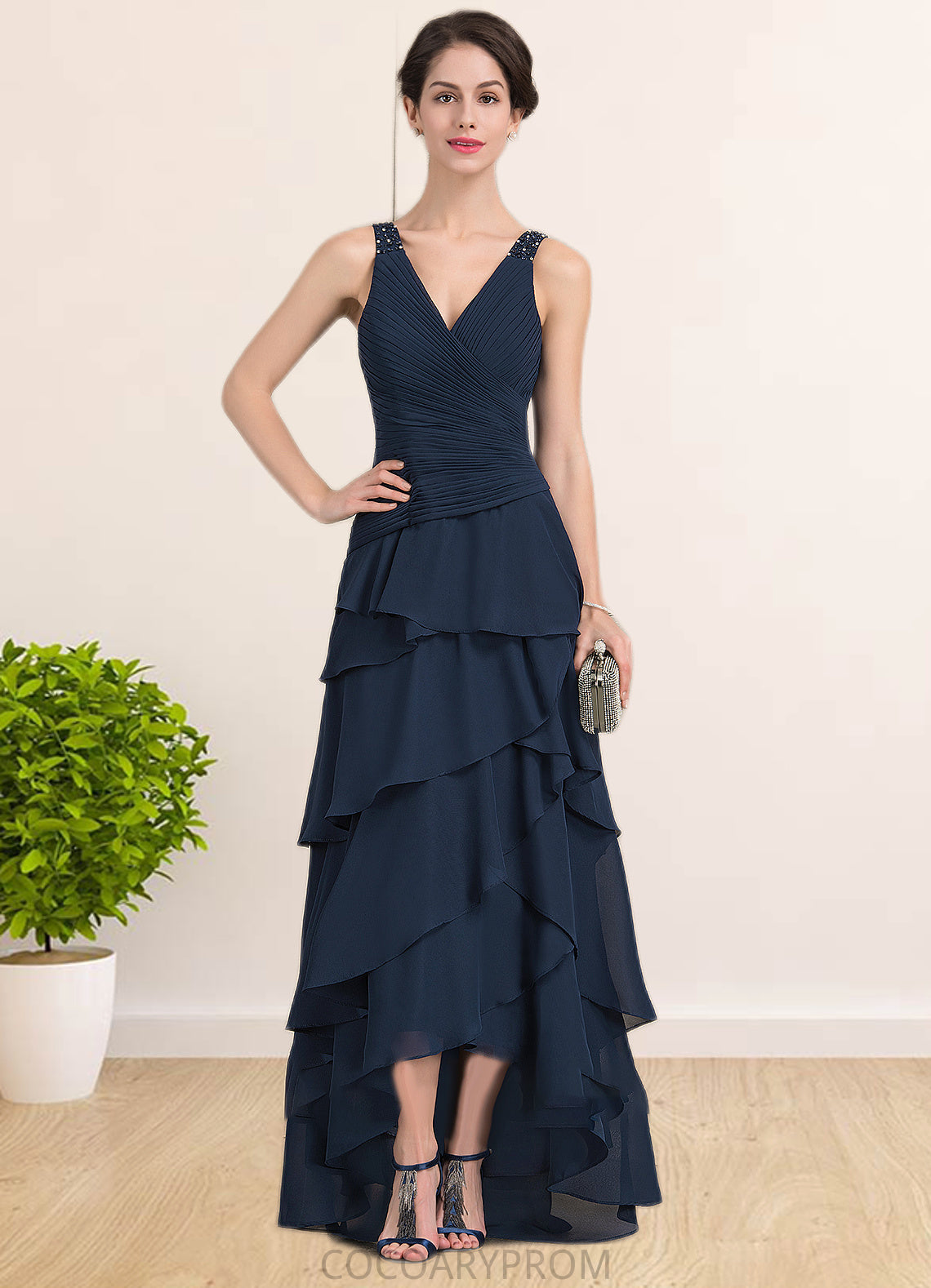 Sofia A-Line V-neck Asymmetrical Chiffon Mother of the Bride Dress With Beading Sequins Cascading Ruffles DA8126P0014733