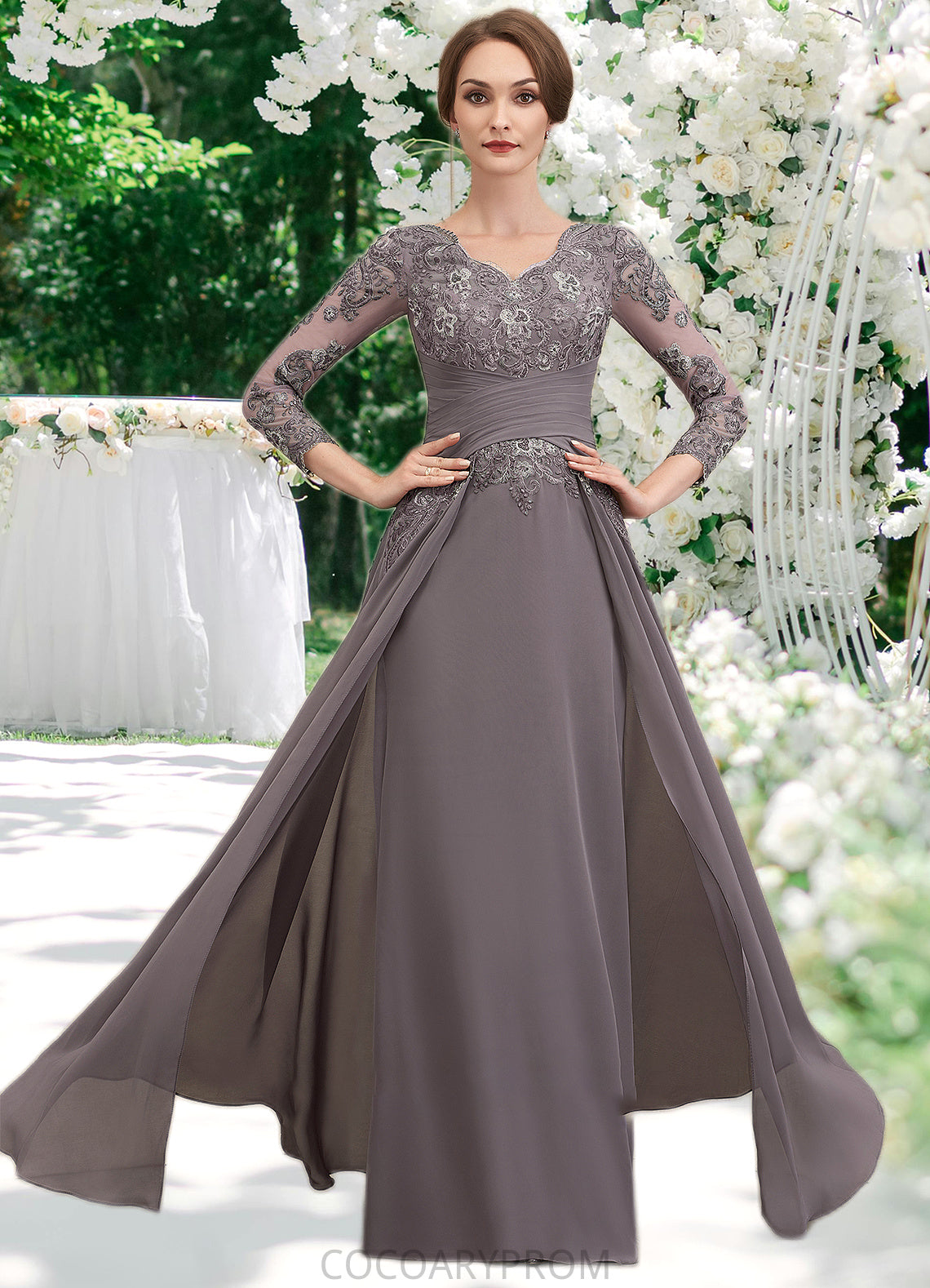 Ashtyn A-Line V-neck Floor-Length Chiffon Lace Mother of the Bride Dress With Ruffle DA8126P0014735