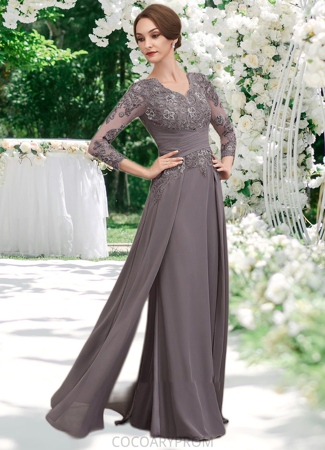 Ashtyn A-Line V-neck Floor-Length Chiffon Lace Mother of the Bride Dress With Ruffle DA8126P0014735