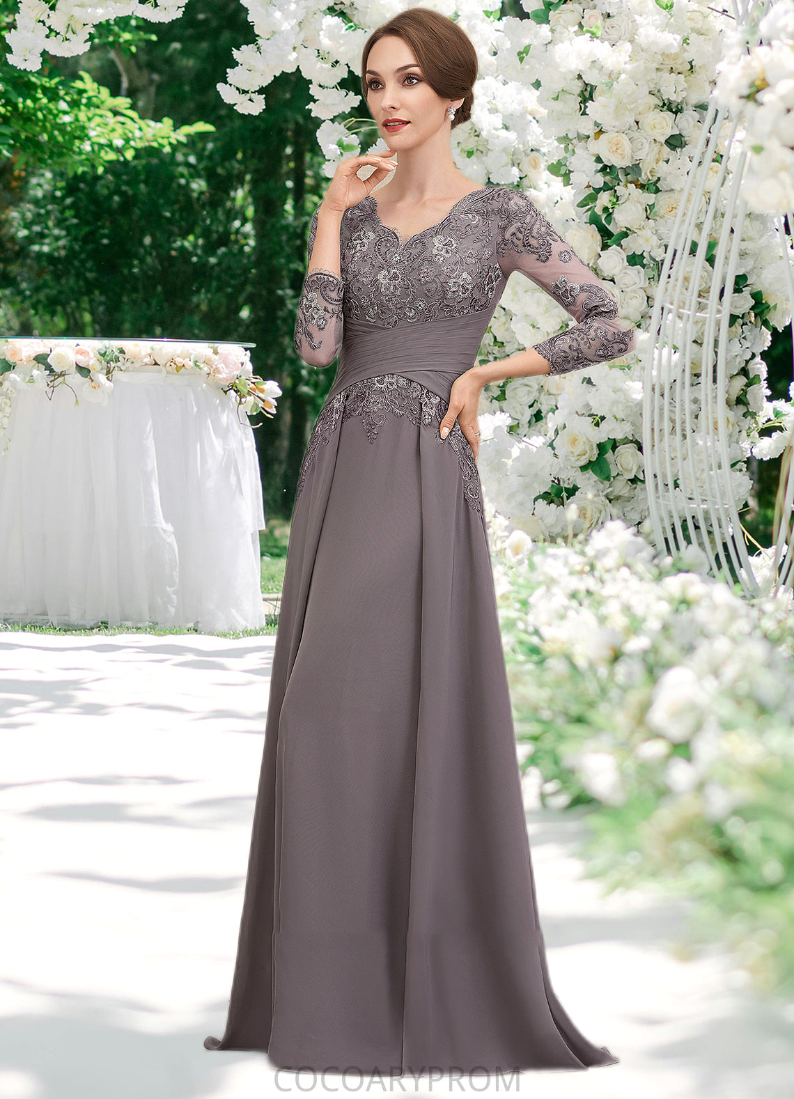 Ashtyn A-Line V-neck Floor-Length Chiffon Lace Mother of the Bride Dress With Ruffle DA8126P0014735