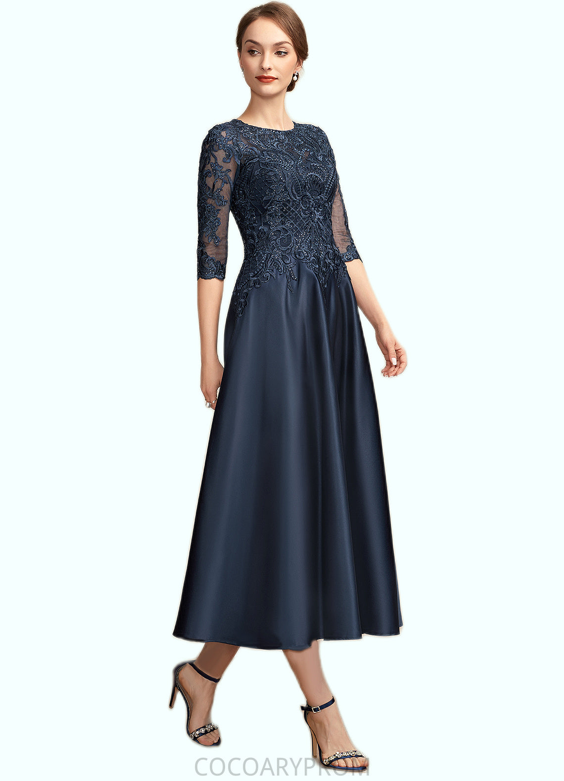 Heidy A-Line Scoop Neck Tea-Length Satin Lace Mother of the Bride Dress With Sequins DA8126P0014736