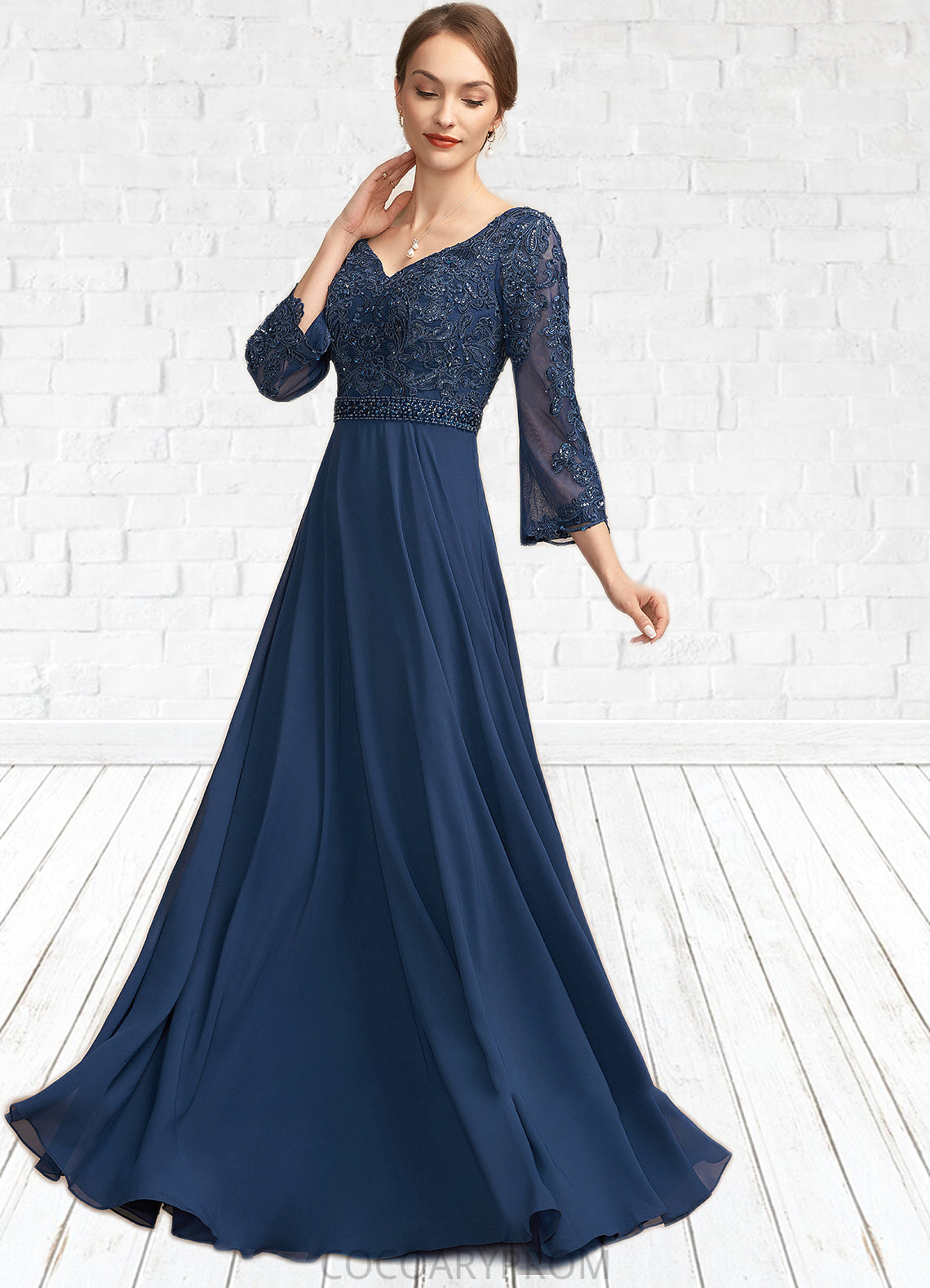 Lizbeth A-Line V-neck Floor-Length Chiffon Lace Mother of the Bride Dress With Beading Sequins DA8126P0014739