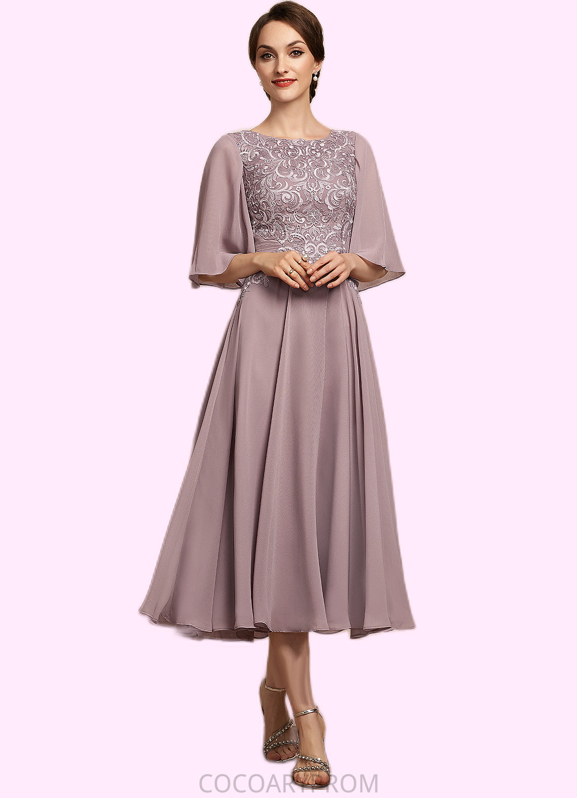 Jocelyn A-Line Scoop Neck Tea-Length Chiffon Lace Mother of the Bride Dress DA8126P0014743