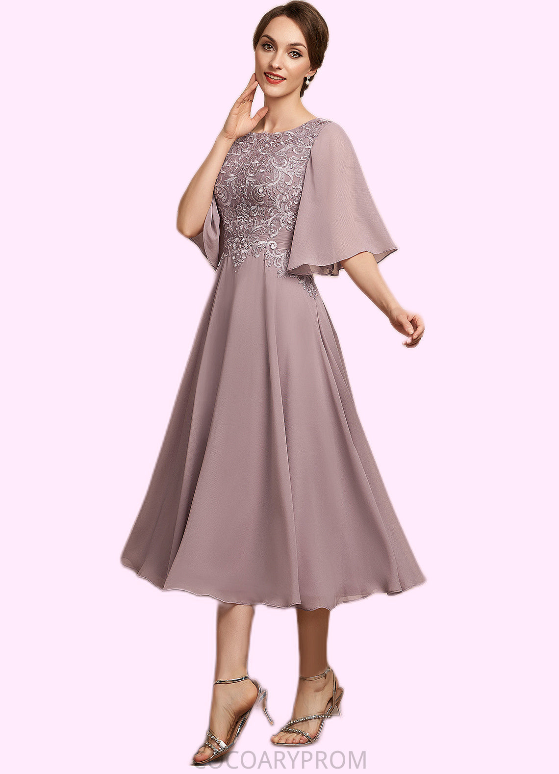 Jocelyn A-Line Scoop Neck Tea-Length Chiffon Lace Mother of the Bride Dress DA8126P0014743