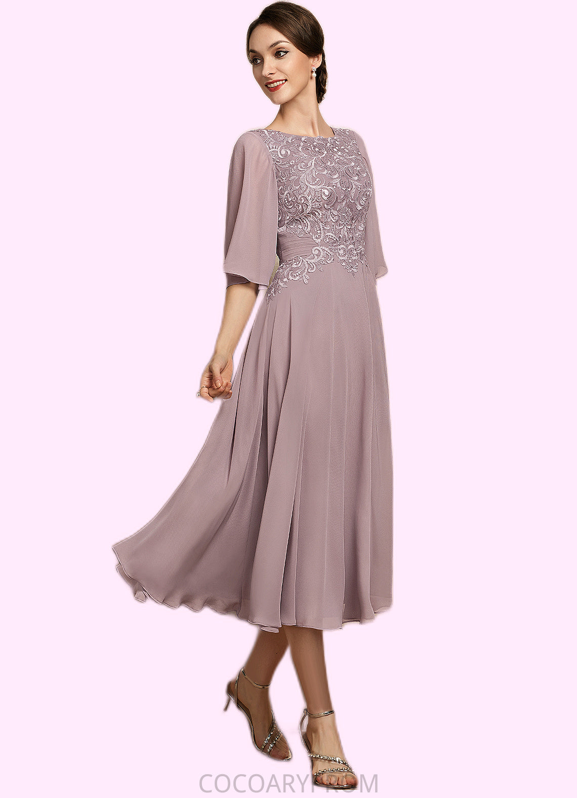 Jocelyn A-Line Scoop Neck Tea-Length Chiffon Lace Mother of the Bride Dress DA8126P0014743