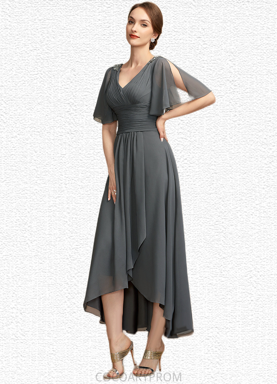 Julia A-Line V-neck Asymmetrical Chiffon Mother of the Bride Dress With Ruffle Beading DA8126P0014744