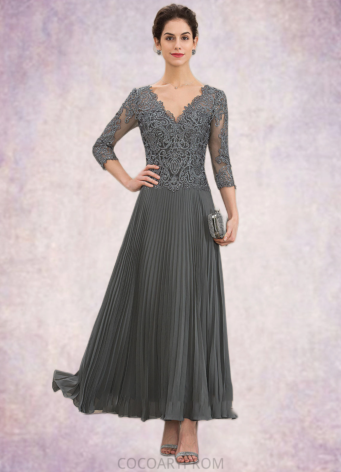 Charlotte A-Line V-neck Ankle-Length Chiffon Lace Mother of the Bride Dress With Sequins Pleated DA8126P0014745