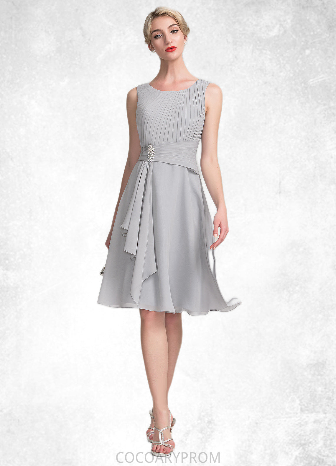 Madelyn A-Line Scoop Neck Knee-Length Chiffon Mother of the Bride Dress With Beading Cascading Ruffles DA8126P0014751