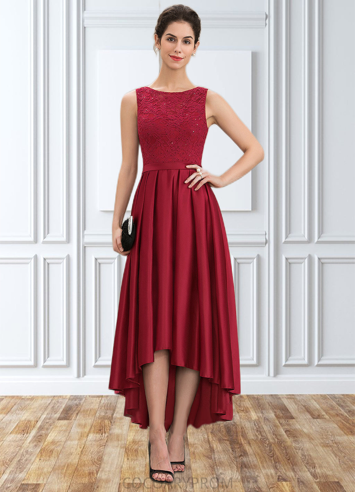 Amber A-Line Scoop Neck Asymmetrical Satin Lace Mother of the Bride Dress With Sequins DA8126P0014752