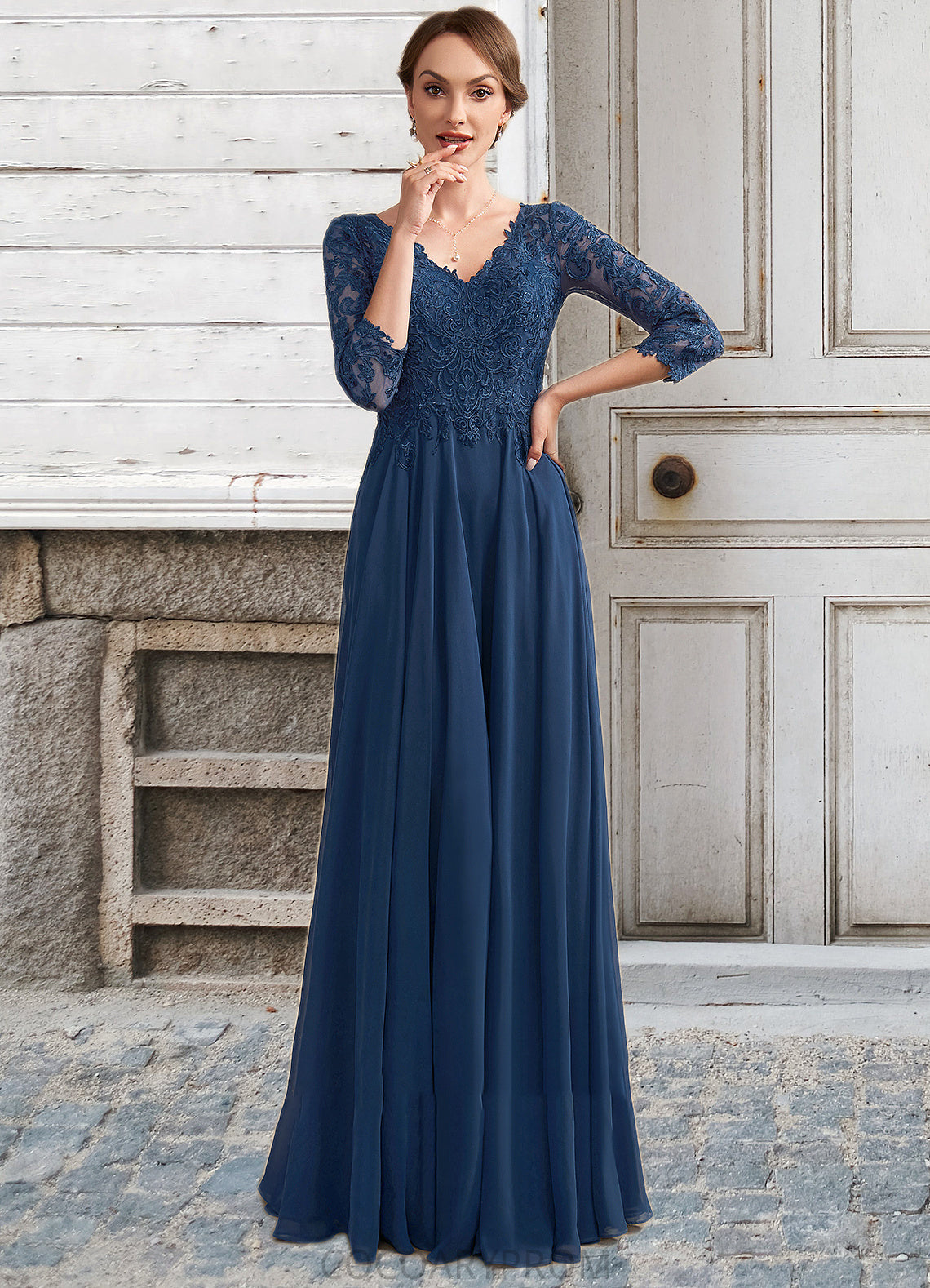 Ivy A-Line V-neck Floor-Length Chiffon Lace Mother of the Bride Dress DA8126P0014753