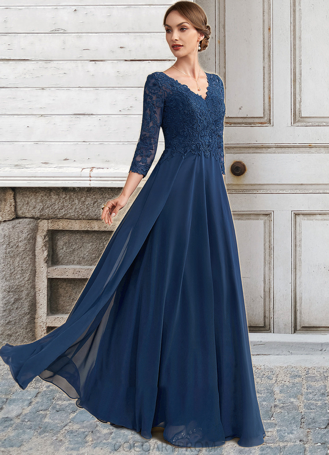 Ivy A-Line V-neck Floor-Length Chiffon Lace Mother of the Bride Dress DA8126P0014753