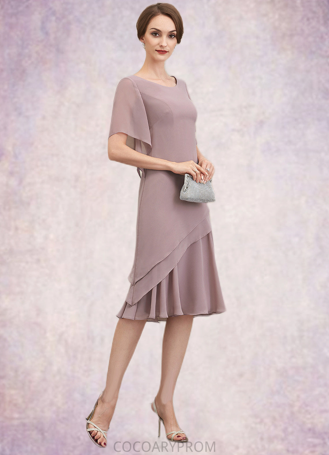 Annika A-Line Scoop Neck Knee-Length Chiffon Mother of the Bride Dress With Cascading Ruffles DA8126P0014755