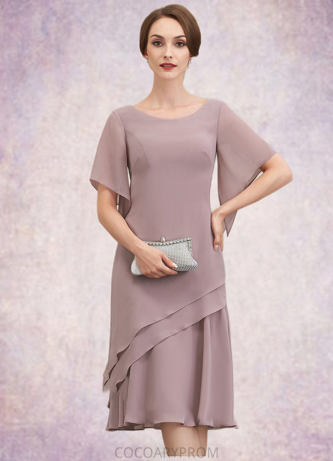 Annika A-Line Scoop Neck Knee-Length Chiffon Mother of the Bride Dress With Cascading Ruffles DA8126P0014755