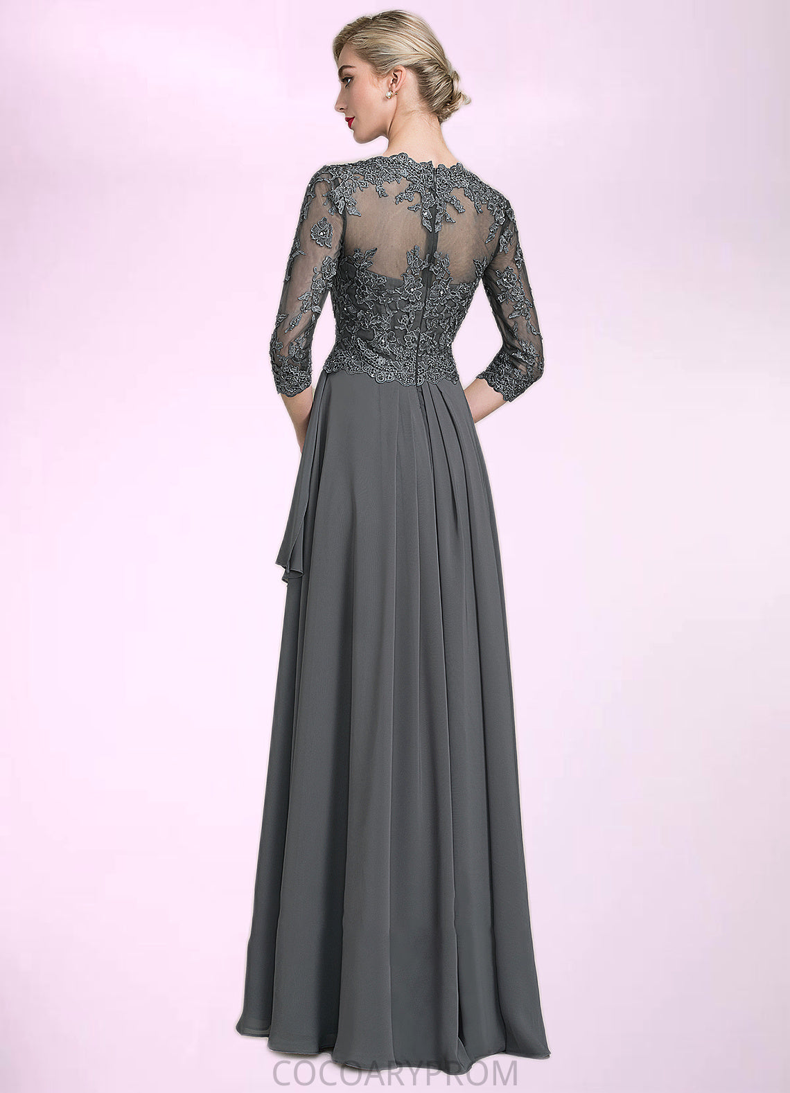 Riley A-Line V-neck Floor-Length Chiffon Lace Mother of the Bride Dress With Beading Sequins Cascading Ruffles DA8126P0014756