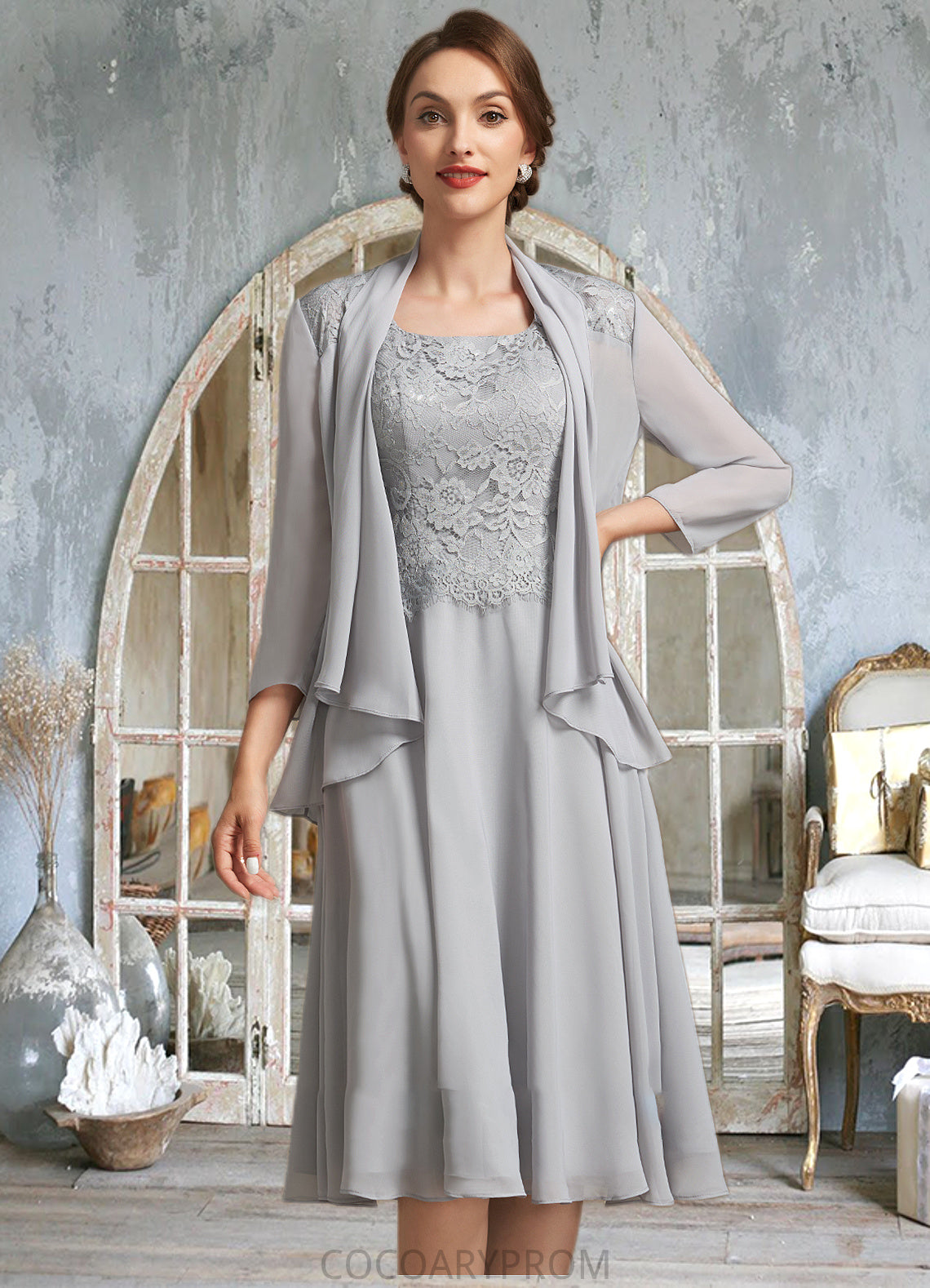 Carmen A-Line Square Neckline Knee-Length Chiffon Lace Mother of the Bride Dress DA8126P0014759