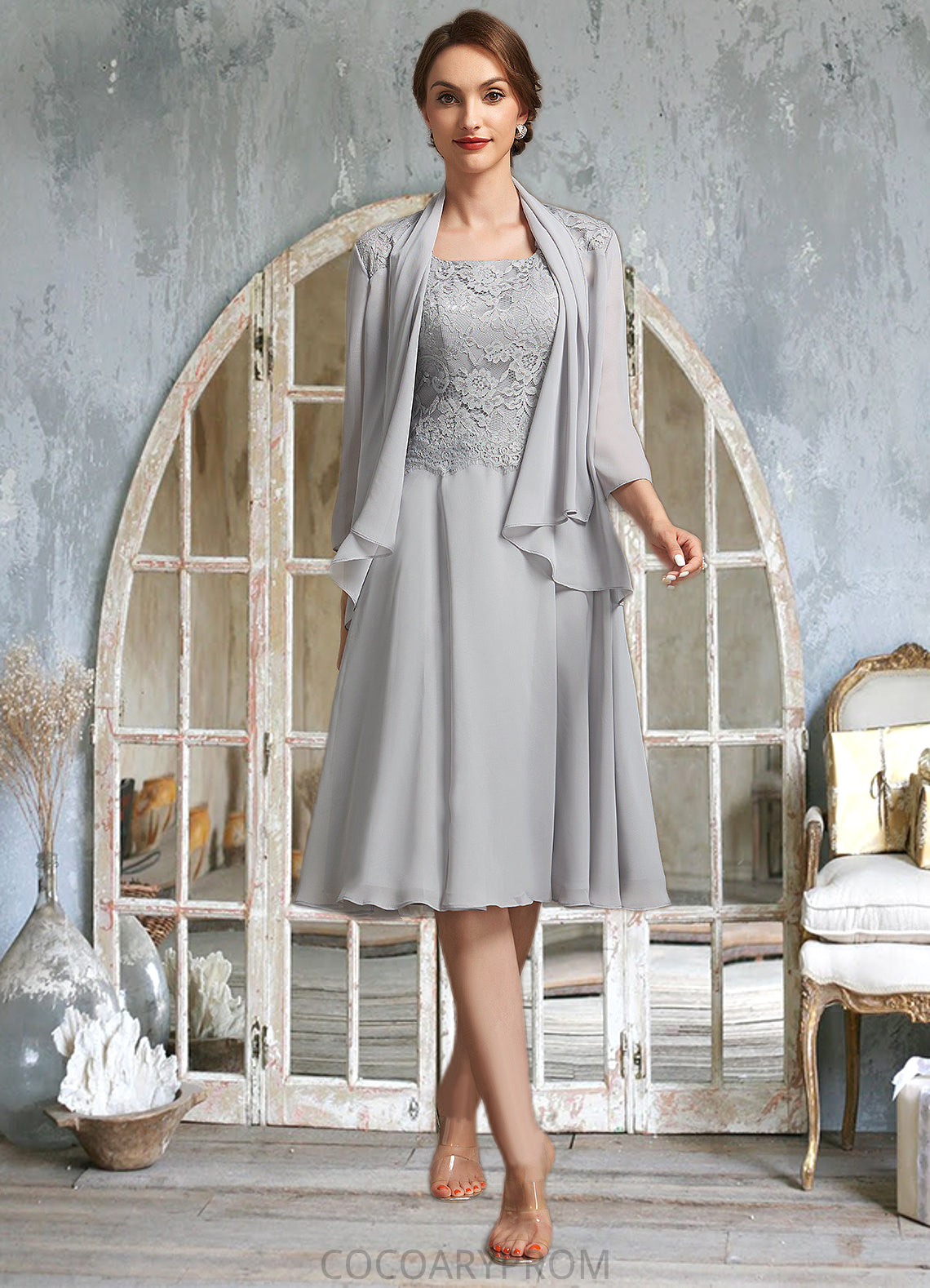 Carmen A-Line Square Neckline Knee-Length Chiffon Lace Mother of the Bride Dress DA8126P0014759