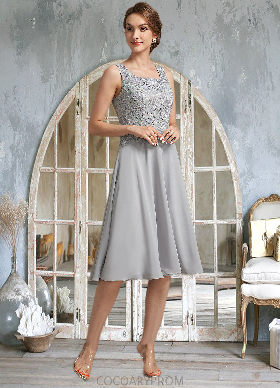 Carmen A-Line Square Neckline Knee-Length Chiffon Lace Mother of the Bride Dress DA8126P0014759