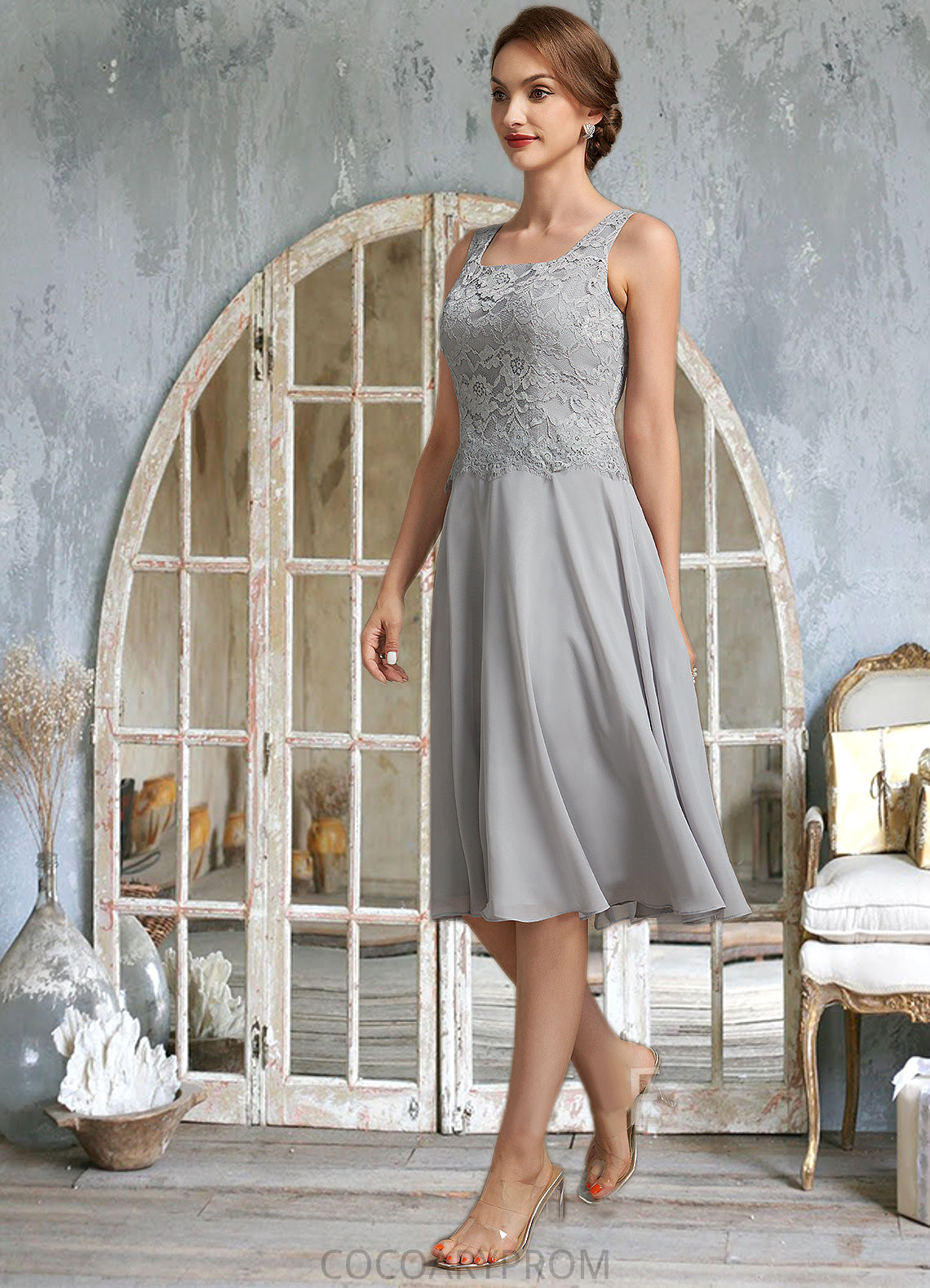 Carmen A-Line Square Neckline Knee-Length Chiffon Lace Mother of the Bride Dress DA8126P0014759