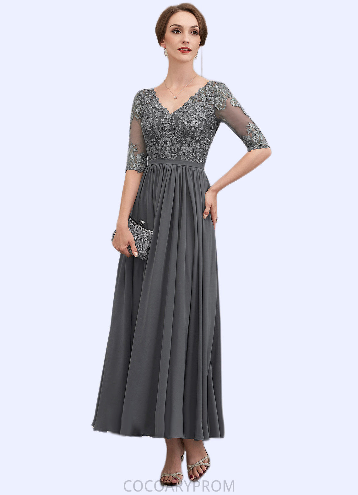 Hadassah A-line V-Neck Ankle-Length Chiffon Lace Mother of the Bride Dress DA8126P0014760