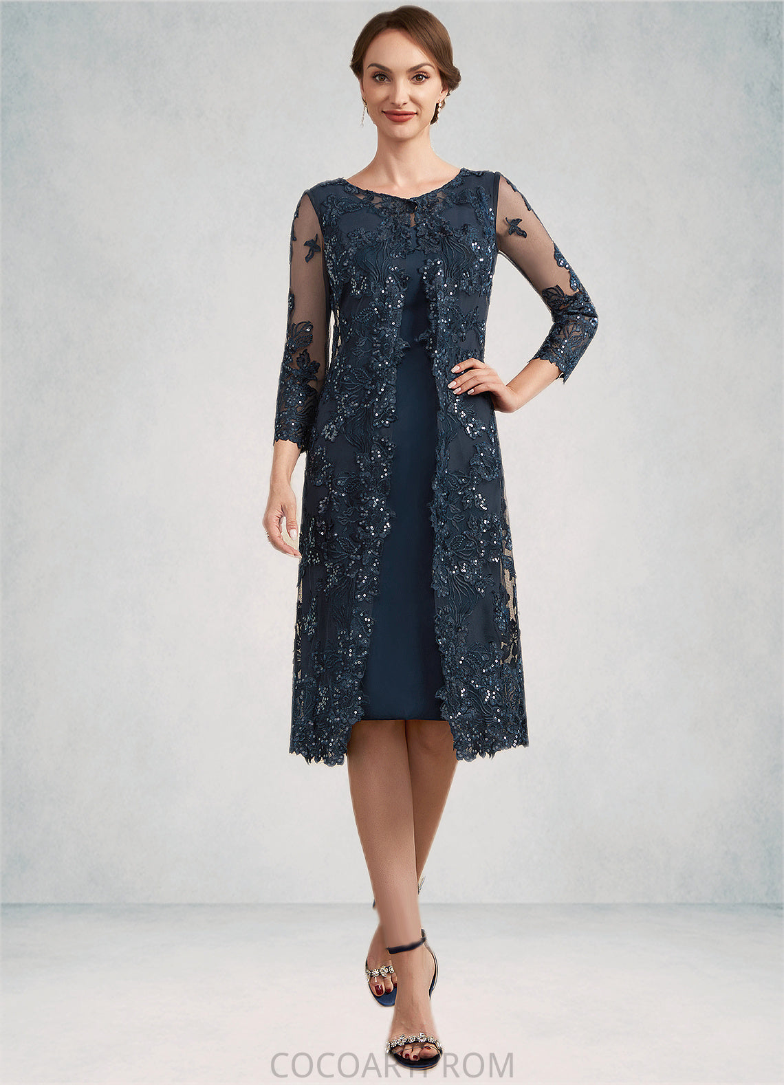 Kathryn Sheath/Column Scoop Neck Knee-Length Chiffon Lace Mother of the Bride Dress With Sequins DA8126P0014771