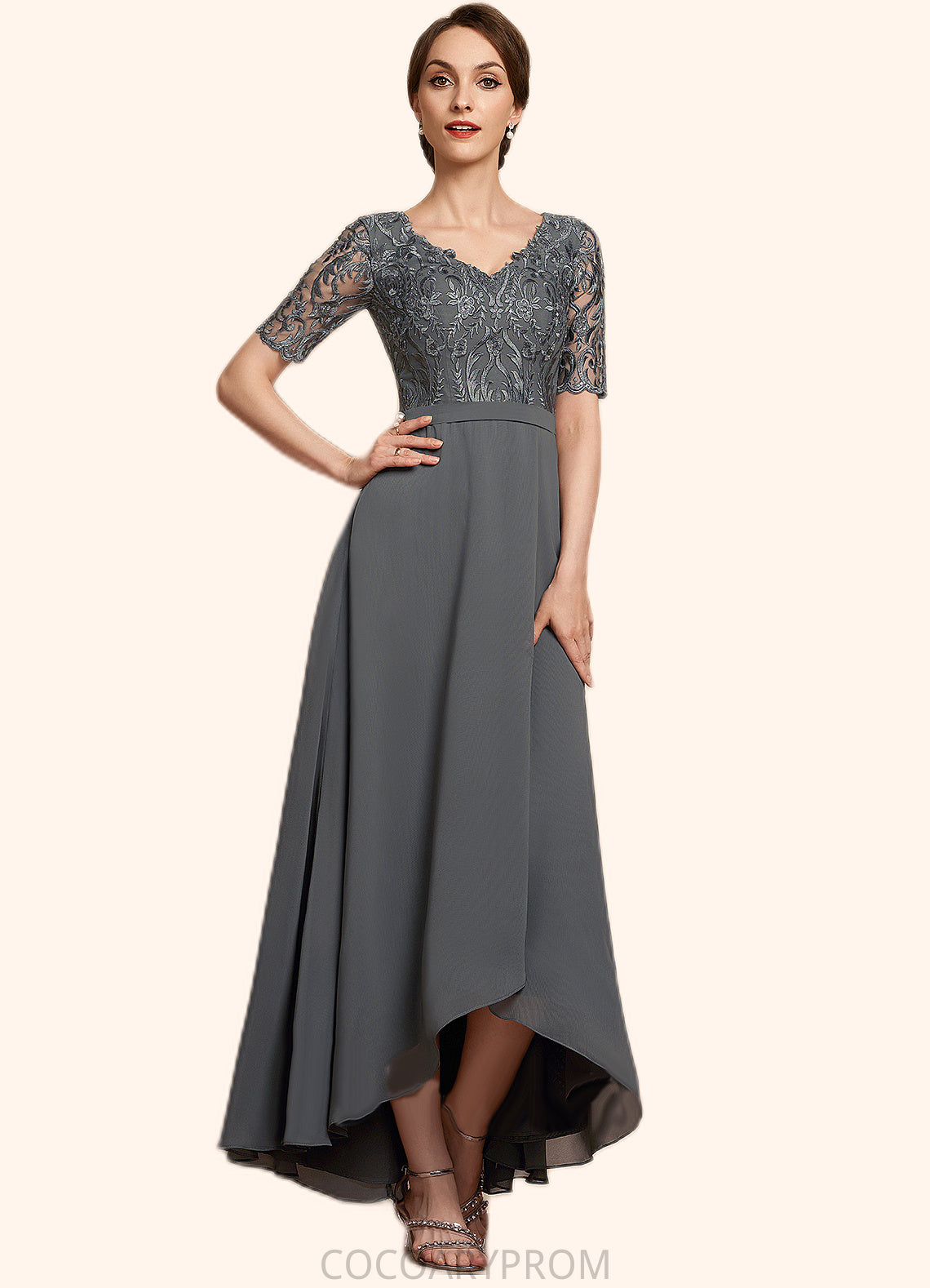 Sandy A-Line V-neck Asymmetrical Chiffon Lace Mother of the Bride Dress DA8126P0014772