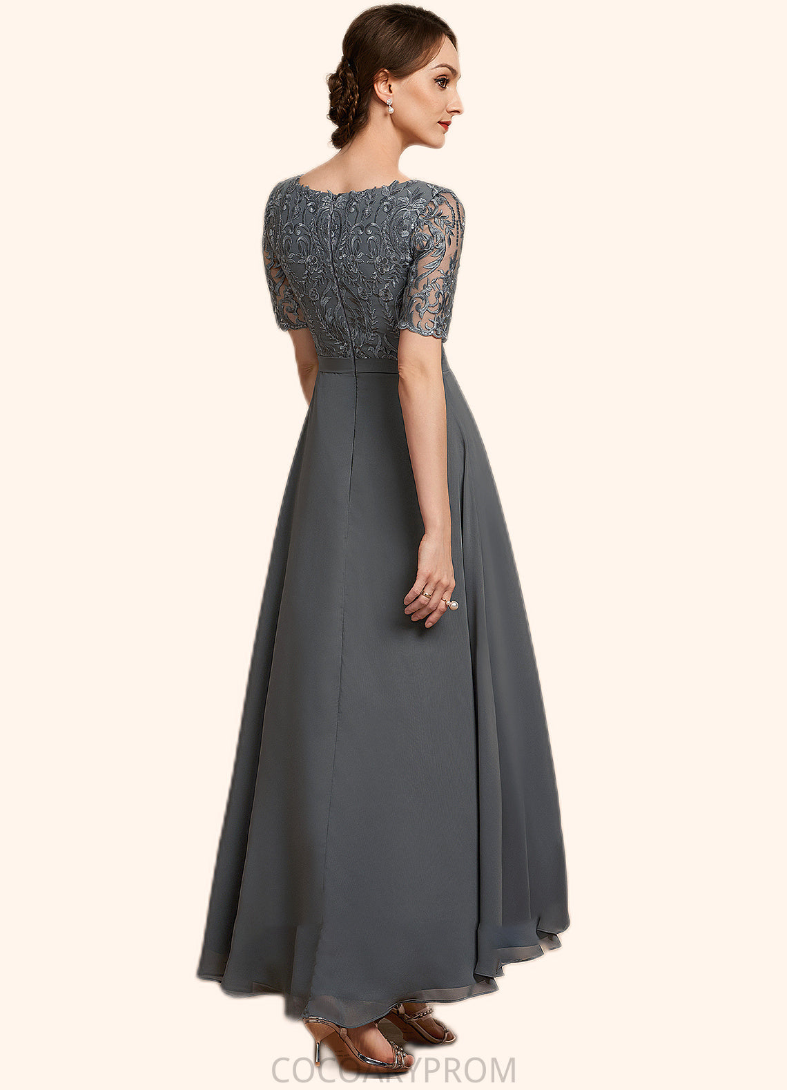 Sandy A-Line V-neck Asymmetrical Chiffon Lace Mother of the Bride Dress DA8126P0014772