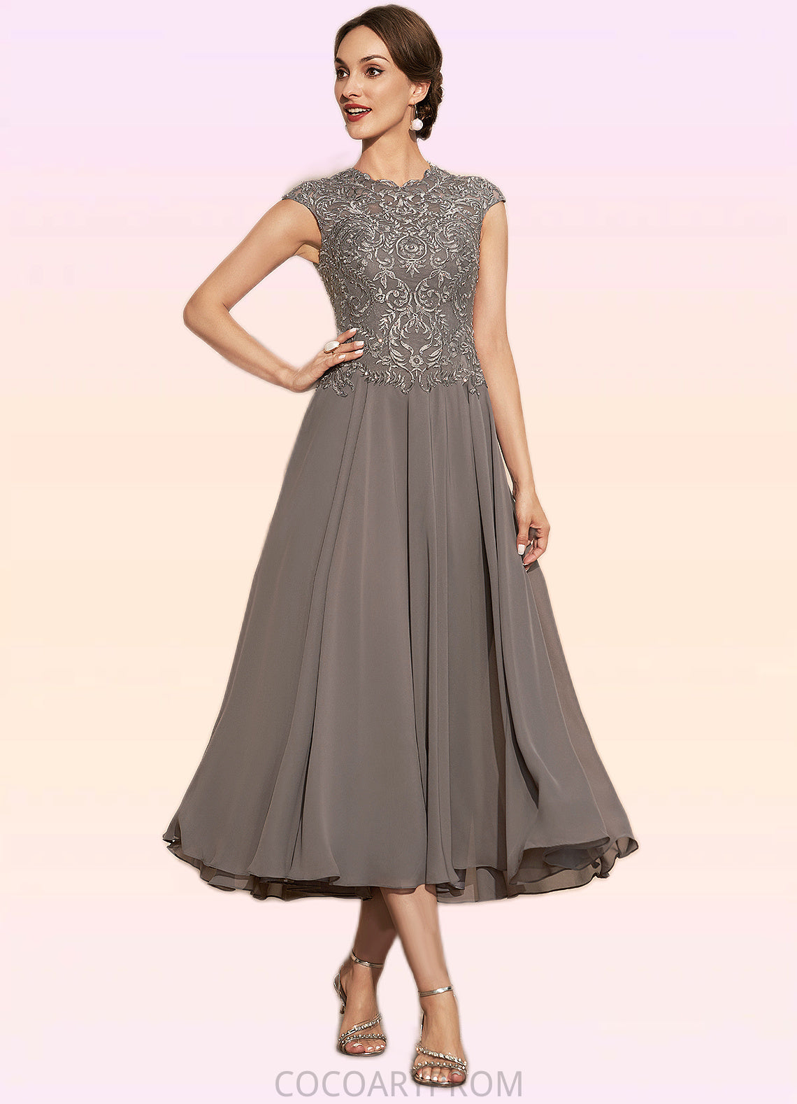 Scarlett A-Line Scoop Neck Tea-Length Chiffon Lace Mother of the Bride Dress With Beading DA8126P0014774