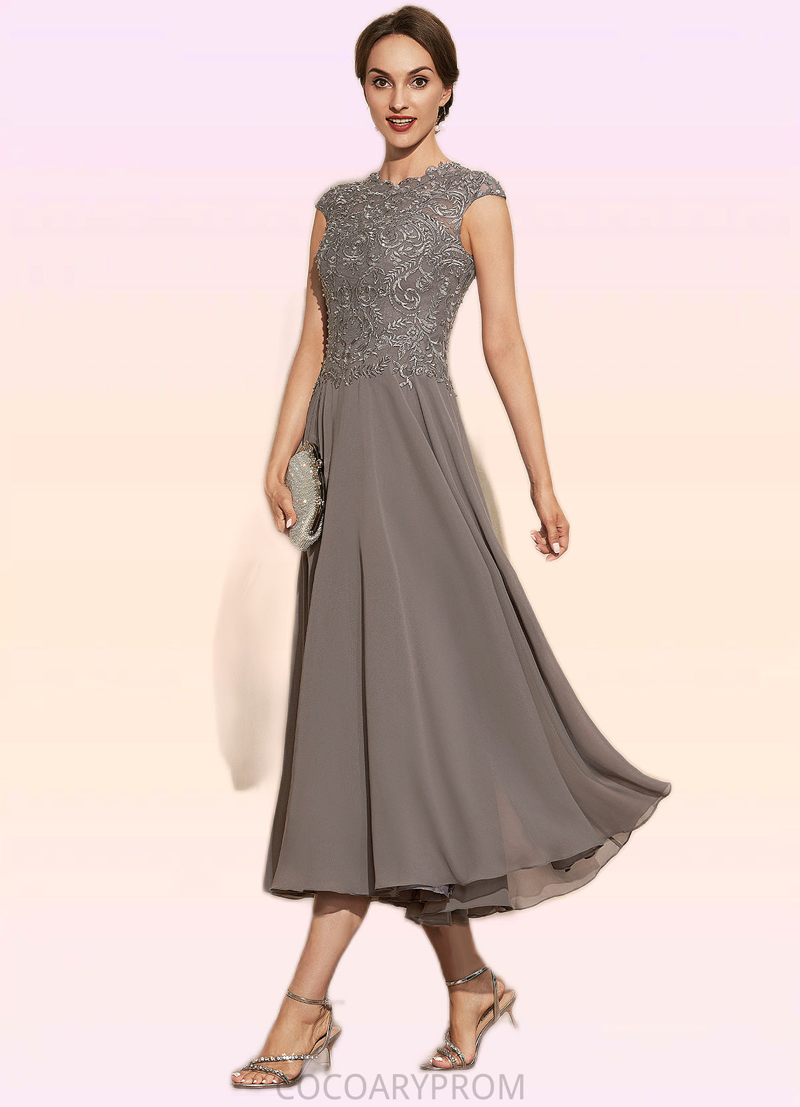 Scarlett A-Line Scoop Neck Tea-Length Chiffon Lace Mother of the Bride Dress With Beading DA8126P0014774