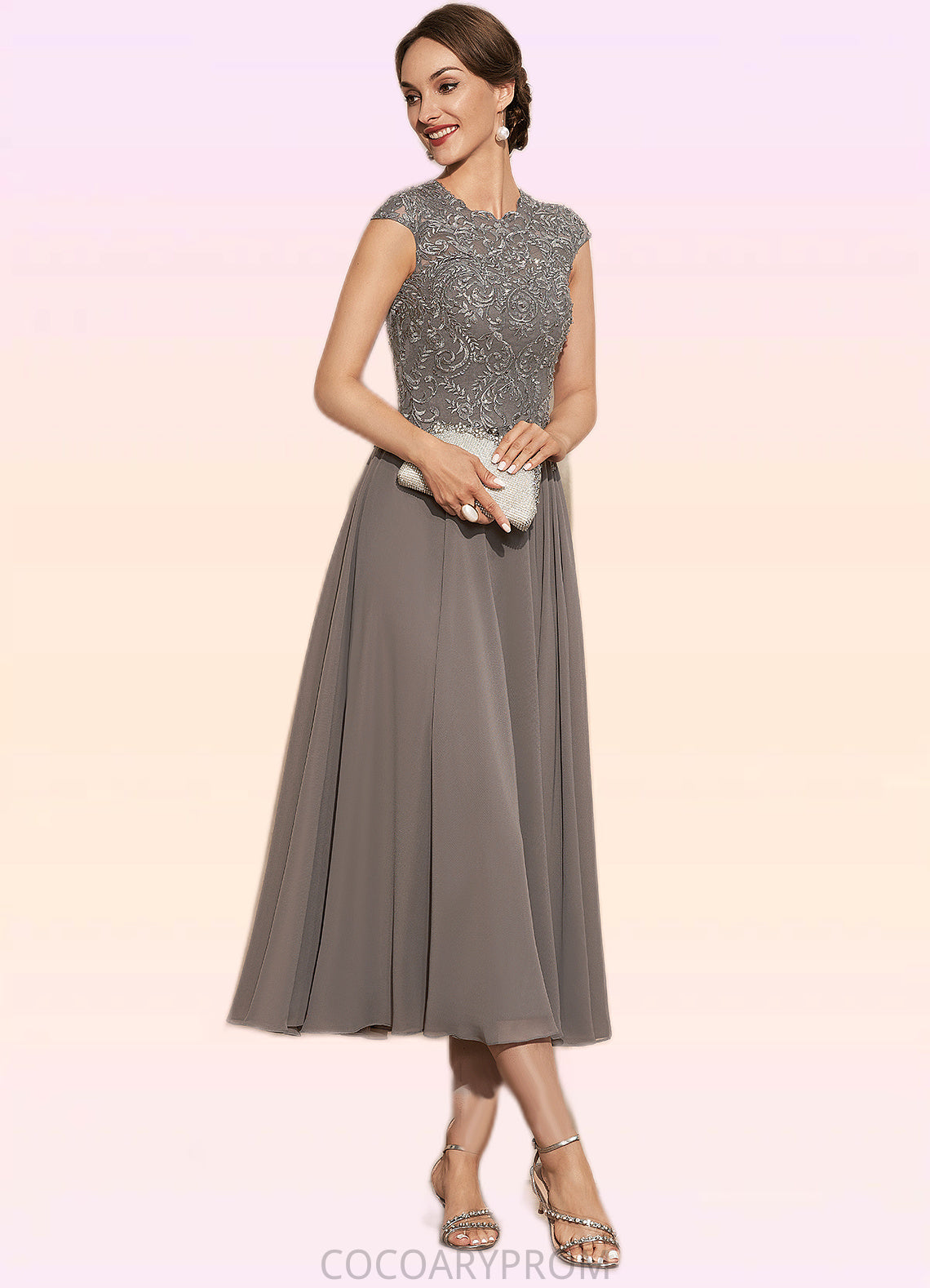 Scarlett A-Line Scoop Neck Tea-Length Chiffon Lace Mother of the Bride Dress With Beading DA8126P0014774