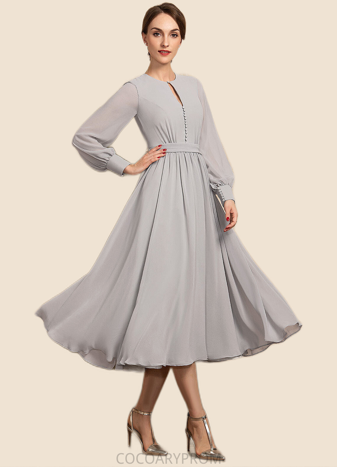 Ainsley A-Line Scoop Neck Tea-Length Chiffon Mother of the Bride Dress With Bow(s) DA8126P0014779